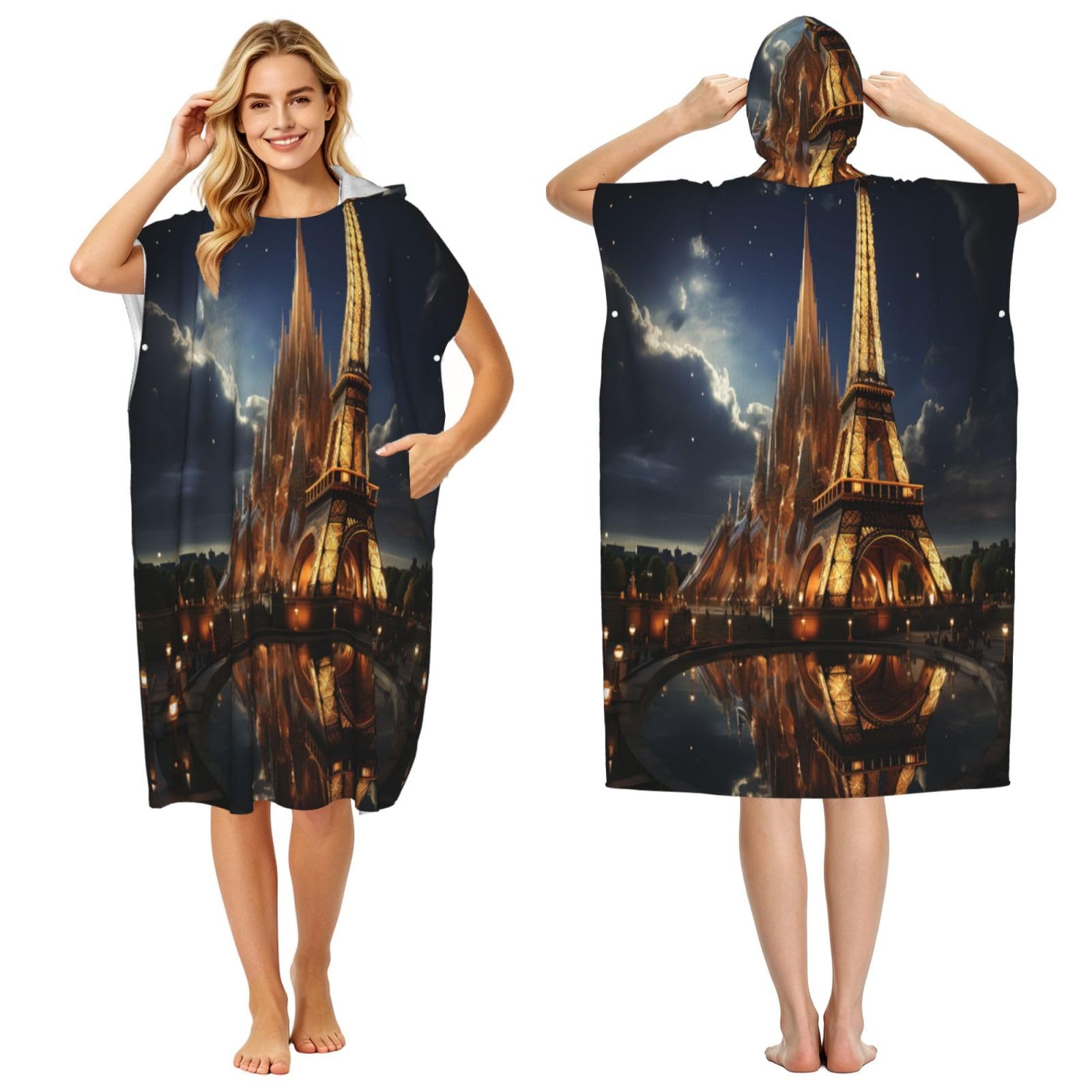 DTHKJNLSF Eiffel Tower Adult Hooded Beach Poncho Towel