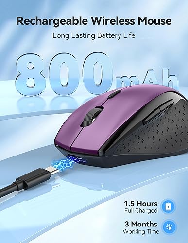 Miniatura 2 de TECKNET PRO - Mouse inalámbrico recargable, clic silencioso, batería de 800 mAh de larga duración, 6 6400 DPI ajustables, mouse inalámbrico para