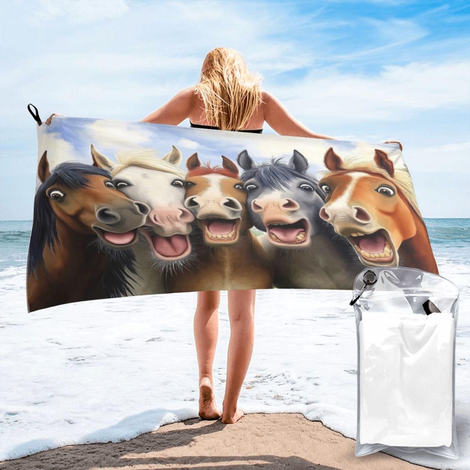 Anceky Digital Painting of Happy Horses Quick Dry Microfiber Travel Towel with Carry Case and Carabiner 31.5"X63"