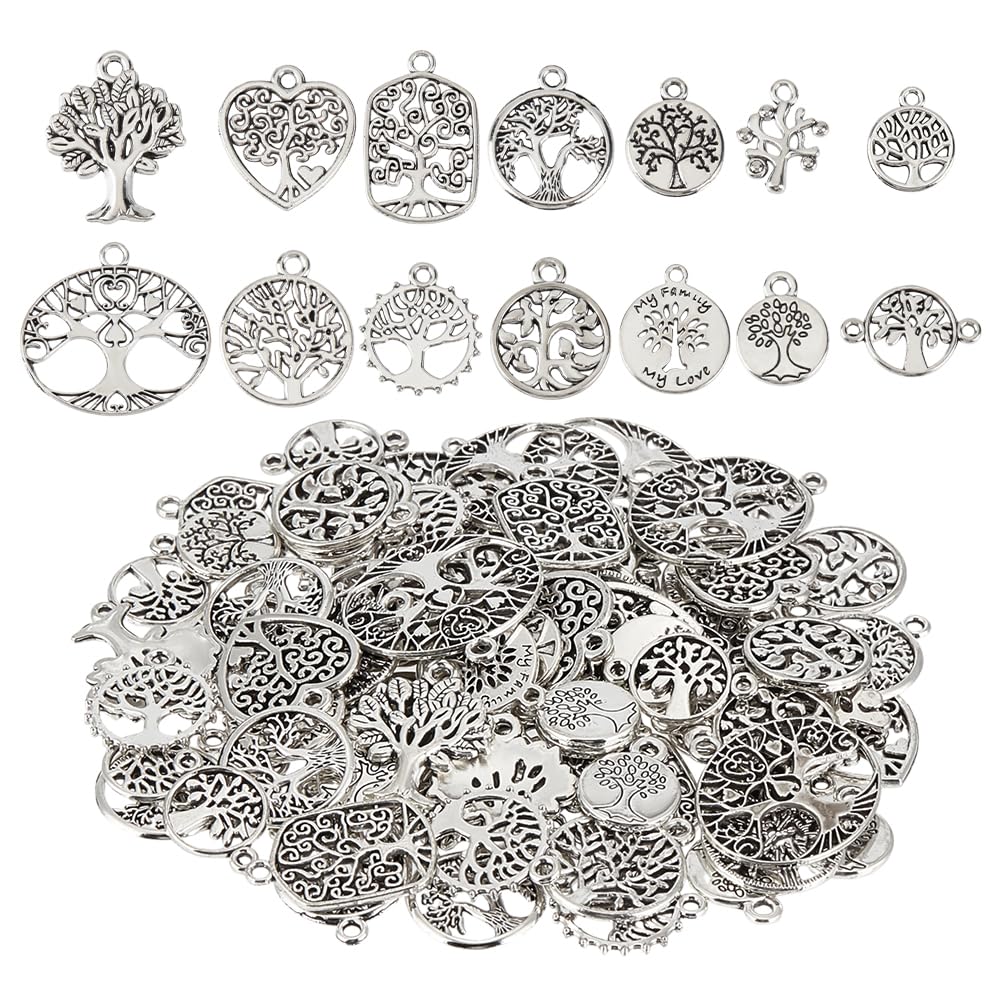 CRAFTYMELODY 84Pcs 14 Styles Tree of Life Charms Tibetan Style Alloy Tree Charms Antique Silver Hollow Flat Round Oval Plant Heart Shaped Charm Bulk for Jewelry Making Bracelet Necklace DIY Findings