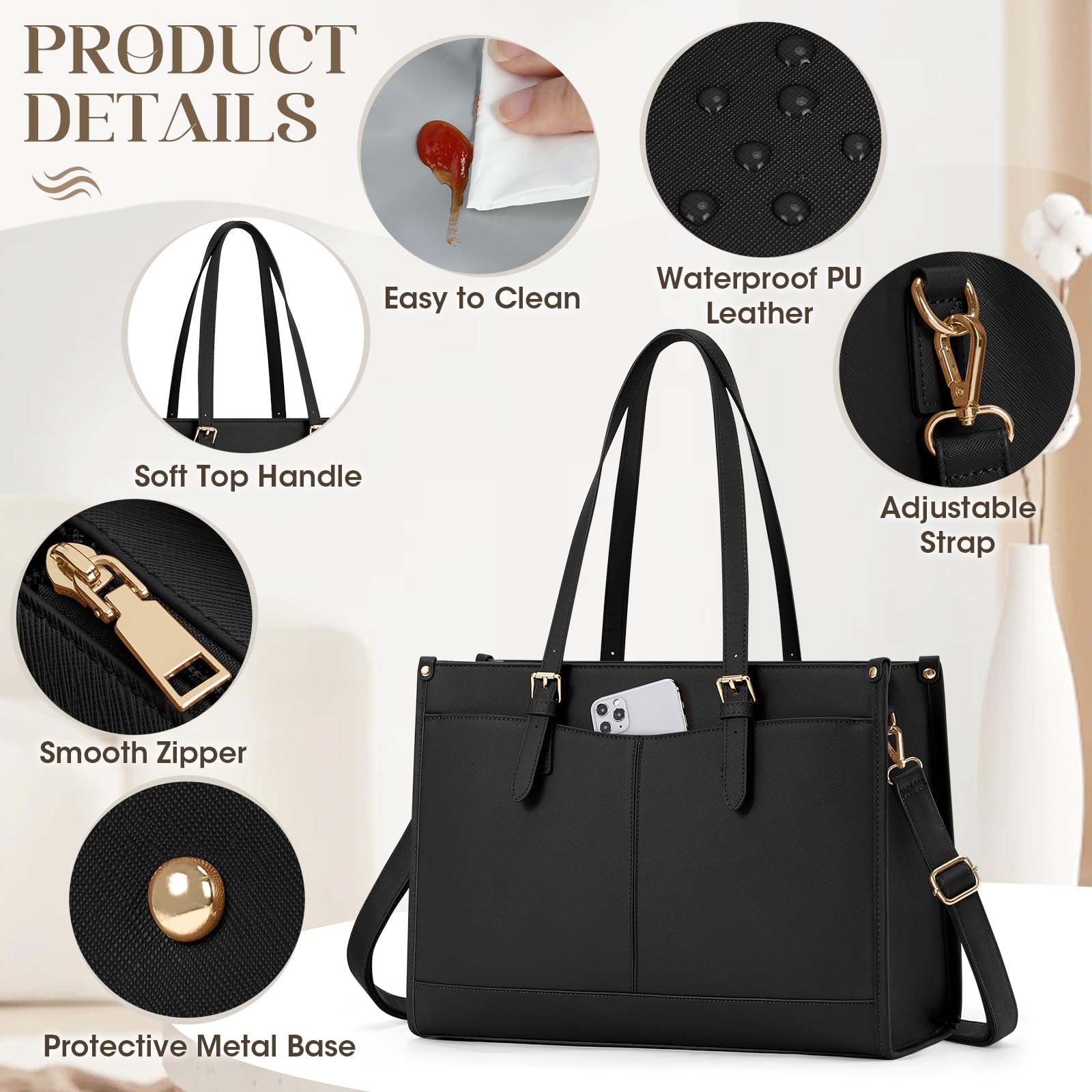 RAINSMORE Laptoptasche Damen 15,6 Zoll PU Leder Arbeitstasche Aktentasche Wasserdicht Schultertasche Schwarz