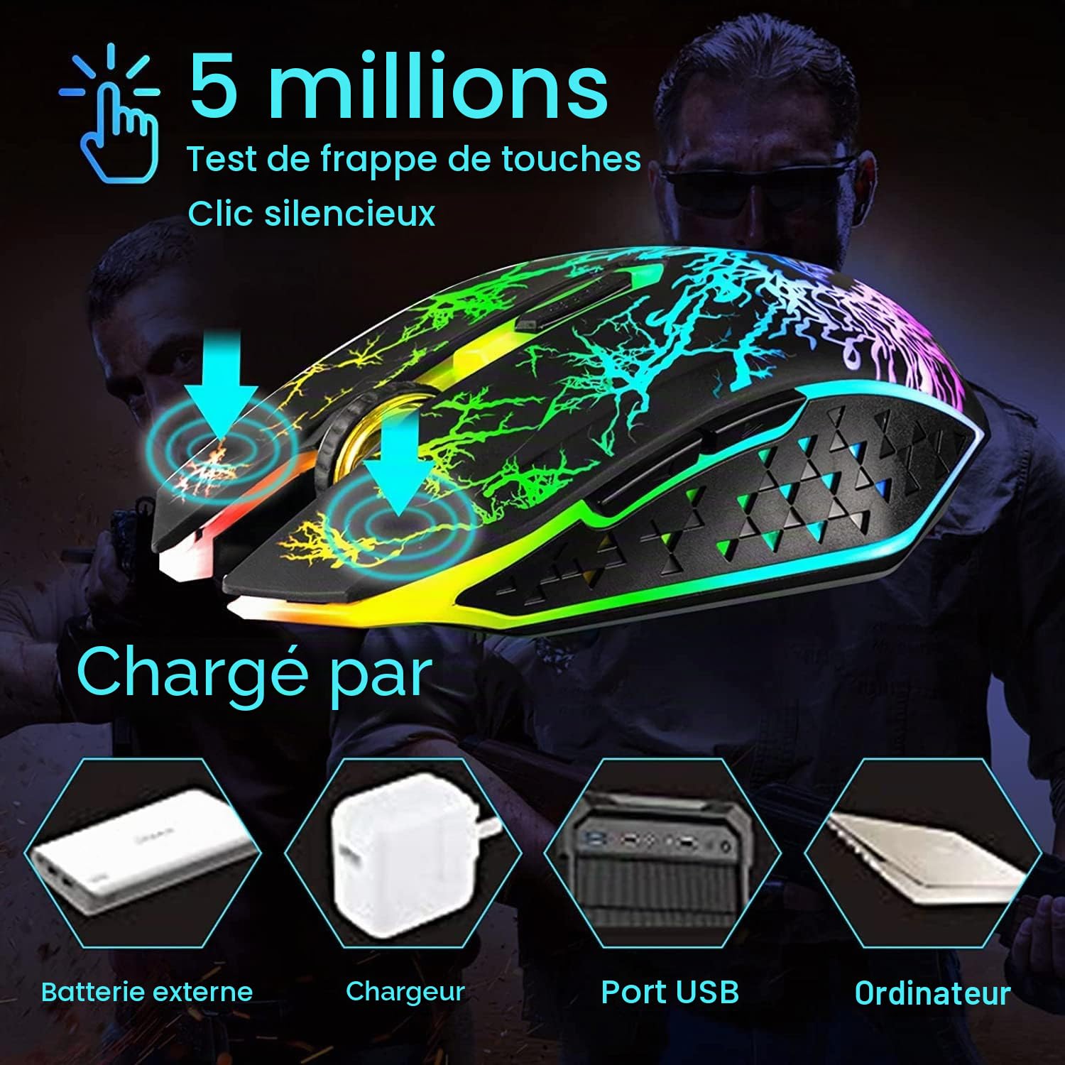 VEGCOO Souris de Jeu sans Fil, Souris de Jeu Rechargeable, Souris Optique silencieuse avec récepteur USB 2,4 G, 3 Niveaux DPI, 7 Boutons, lumières LED 7 Couleurs pour PC/Mac Gamer