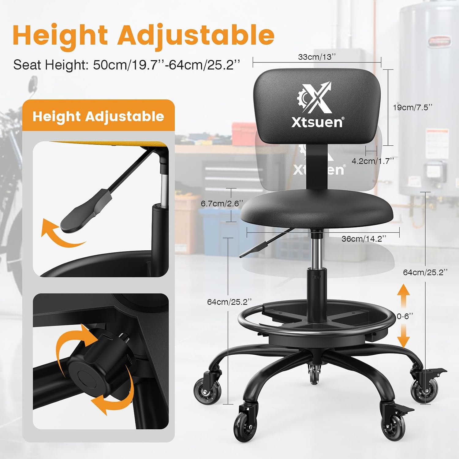 Rolling Shop Stool with Wheels, Mechanic Stool Chair with Backrest