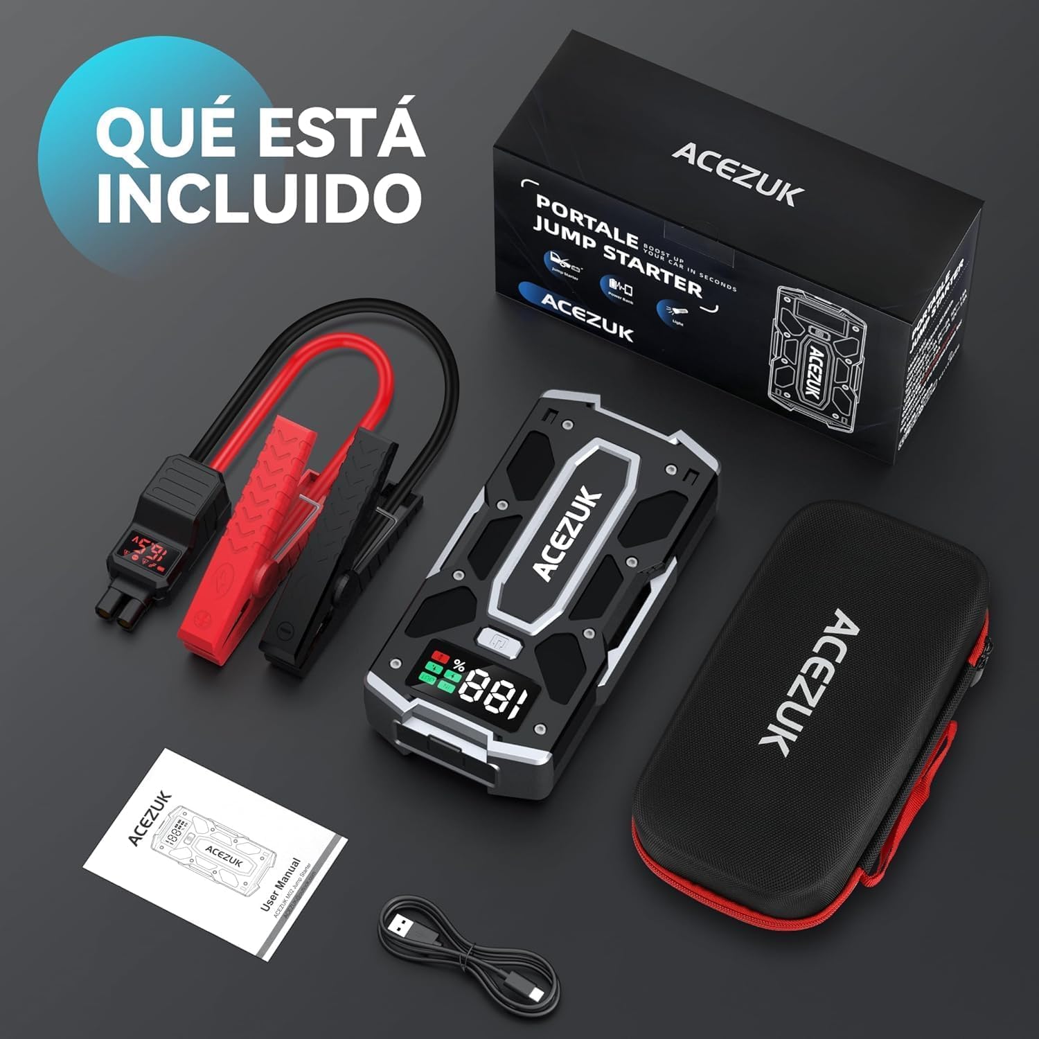 ACEZUK Arrancador de Coches 9000A, Arrancadores de Bateria de Coche Portátil(hasta 8.0L de diésel o 10.0L de Gasolina), 12V Jump Starter, Pinzas Inteligentes con Pantalla, Luz LED, Puerto QC3.0