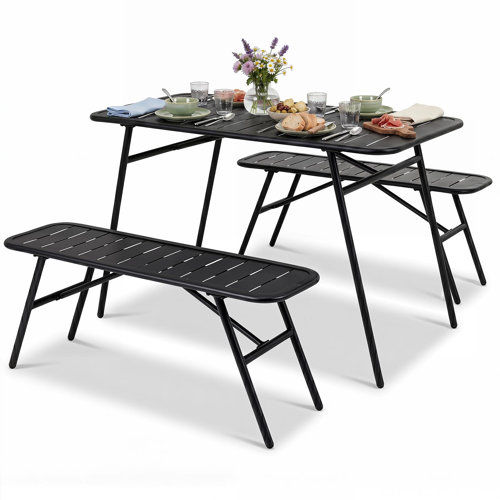 COSTWAY Zestaw mebli do piwa z metalu, 3-częściowy zestaw stołów piwnych, 2 x ławki piwne, 1 x stół piwny, 120 cm, zestaw do namiotu imprezowego, stół kempingowy, meble ogrodowe do ogrodu, na taras i