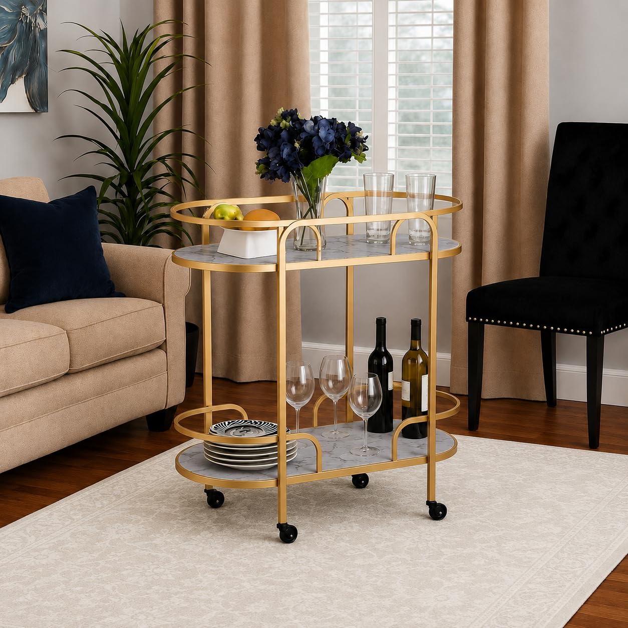 Modern 2-Tier Bar Cart with Marble Tops & Metal Frame – Rolling Serving Coffee Table with Wheels, Storage Shelf for Living Room, Kitchen & Dining Room (Golden Grey)-image-37