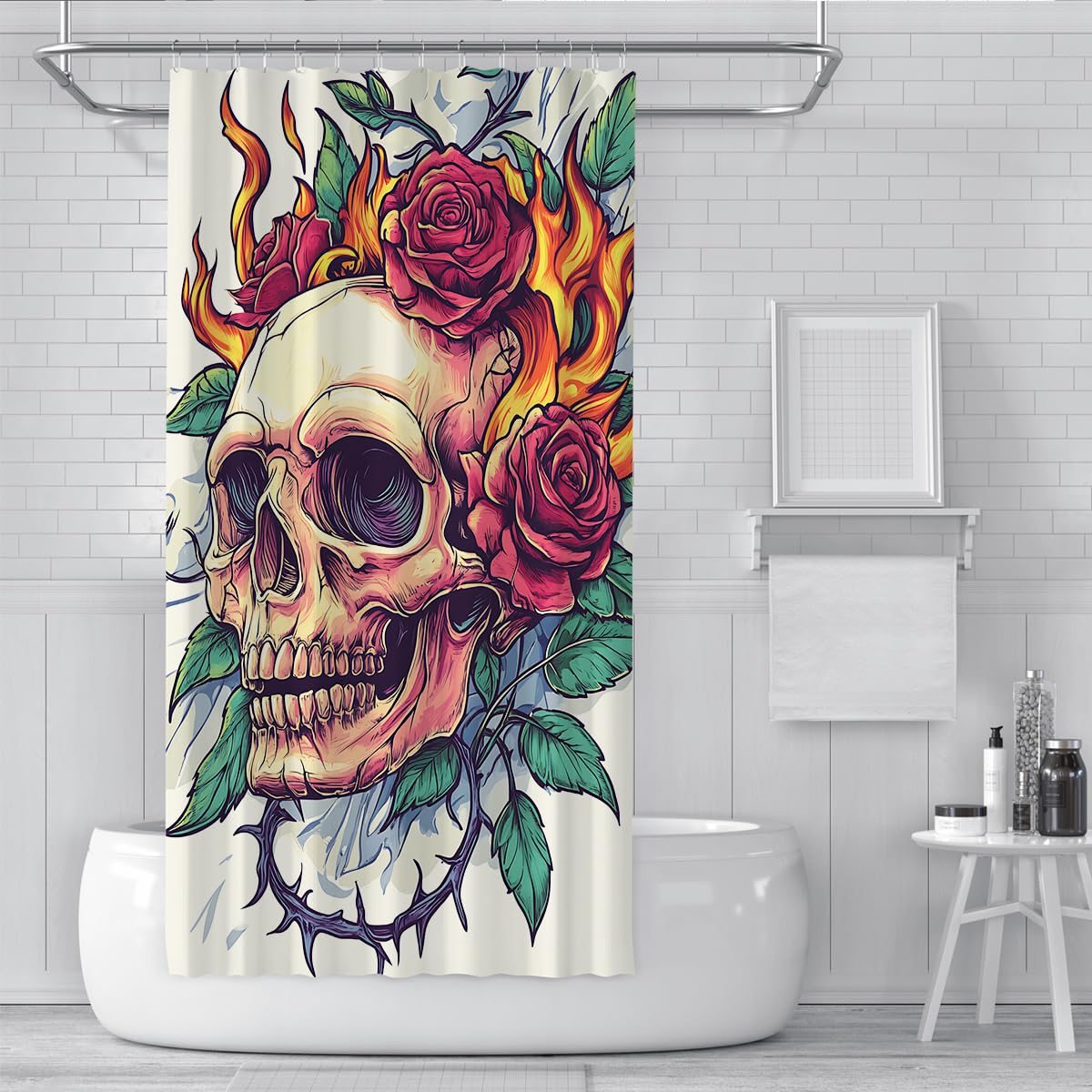 Gothic Skull Duschvorhang Red Rose Thorns White Badezimmer Deko 200x220cm