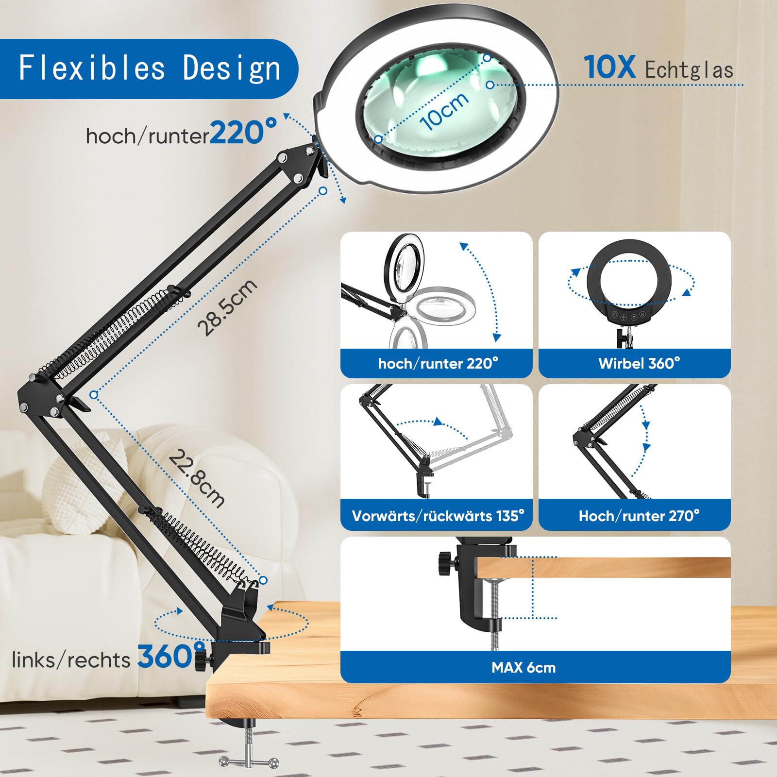 10X Lupe mit Licht und Klemme, beleuchtete Lupe aus echtem Glas mit 5 Farbmodi und stufenloser Dimmbarkeit, freihändige Schreibtischlampe für Hobbys, Basteln, Lesen und Naharbeit (schwarz)