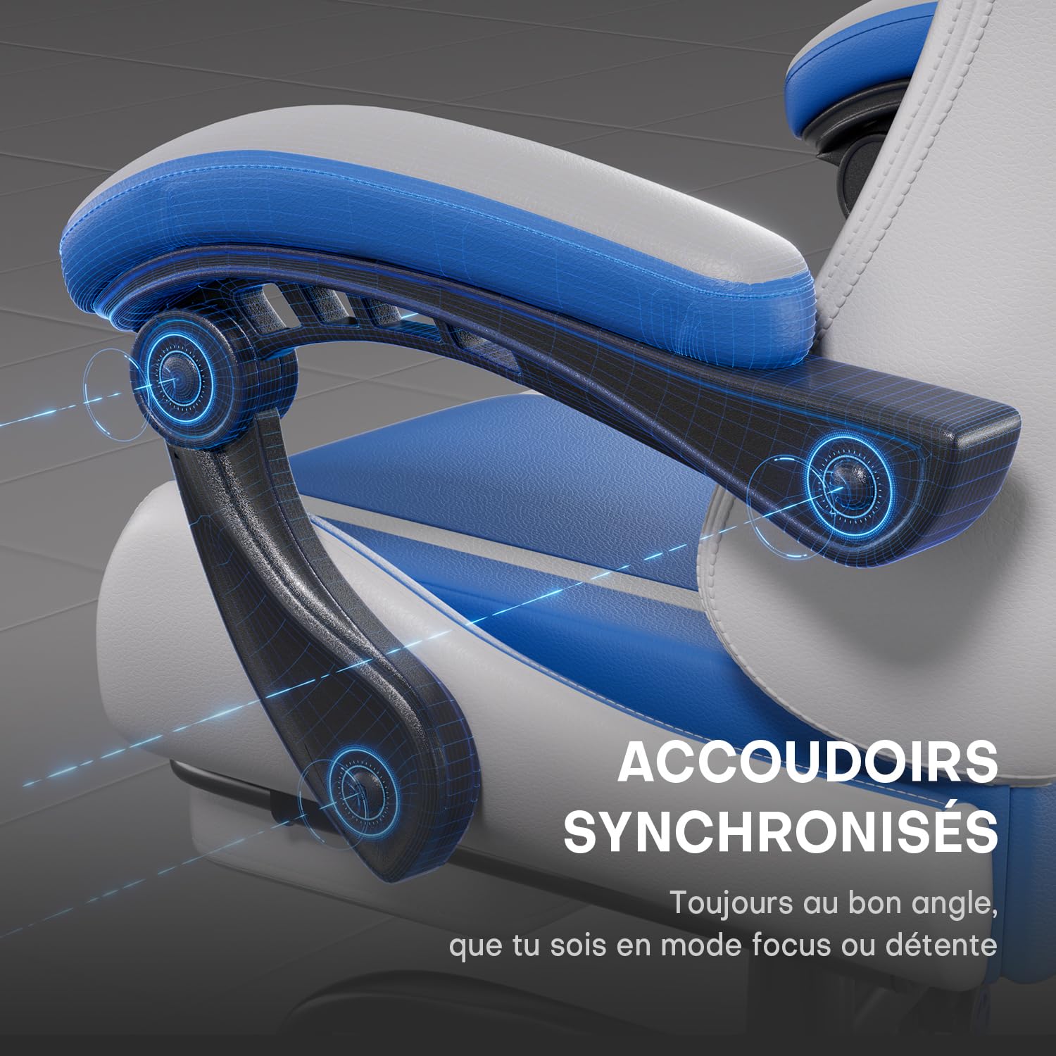 HLFURNIEU Chaise Gaming Massante, Chaise Gamer avec Coussin à Ressorts Ensachés, Fauteuil Gaming avec Coussin Lombaire Massant et Repose-Pieds, Appui-tête, Siège Gaming Blanc et Bleu