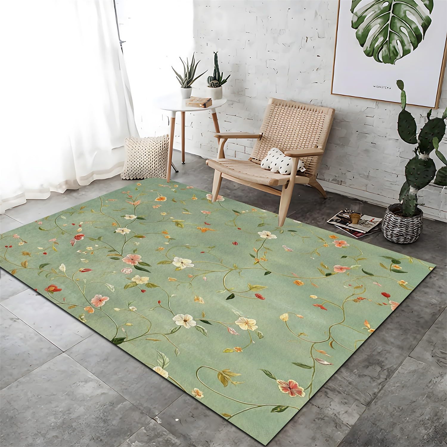 Tappeto Salotto Pelo Corto 80x150cm Elegante Trama Floreale di Vite Moderni Tappeto Camera da Letto Lavabile, Verde Salvia Tappeti Grandi Morbido Antiscivolo e Resistente All'usura