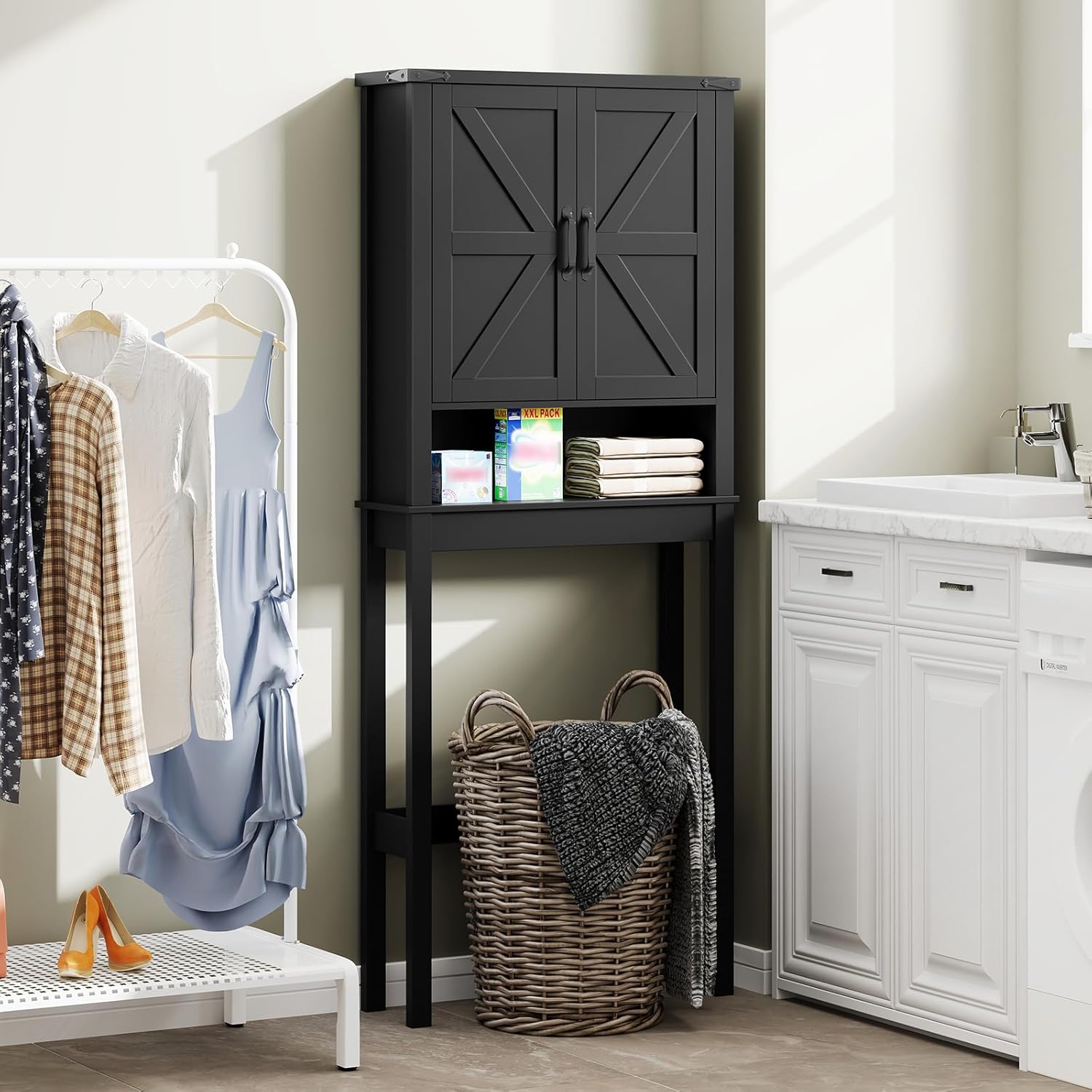 Halitaa Over The Toilet Storage Cabinet, Farmhouse Over Toilet Bathroom Organizer with 2 Barn Doors, Narrow Above Toilet Storage Cabinet, Behind Toilet Bathroom Organizer, Black