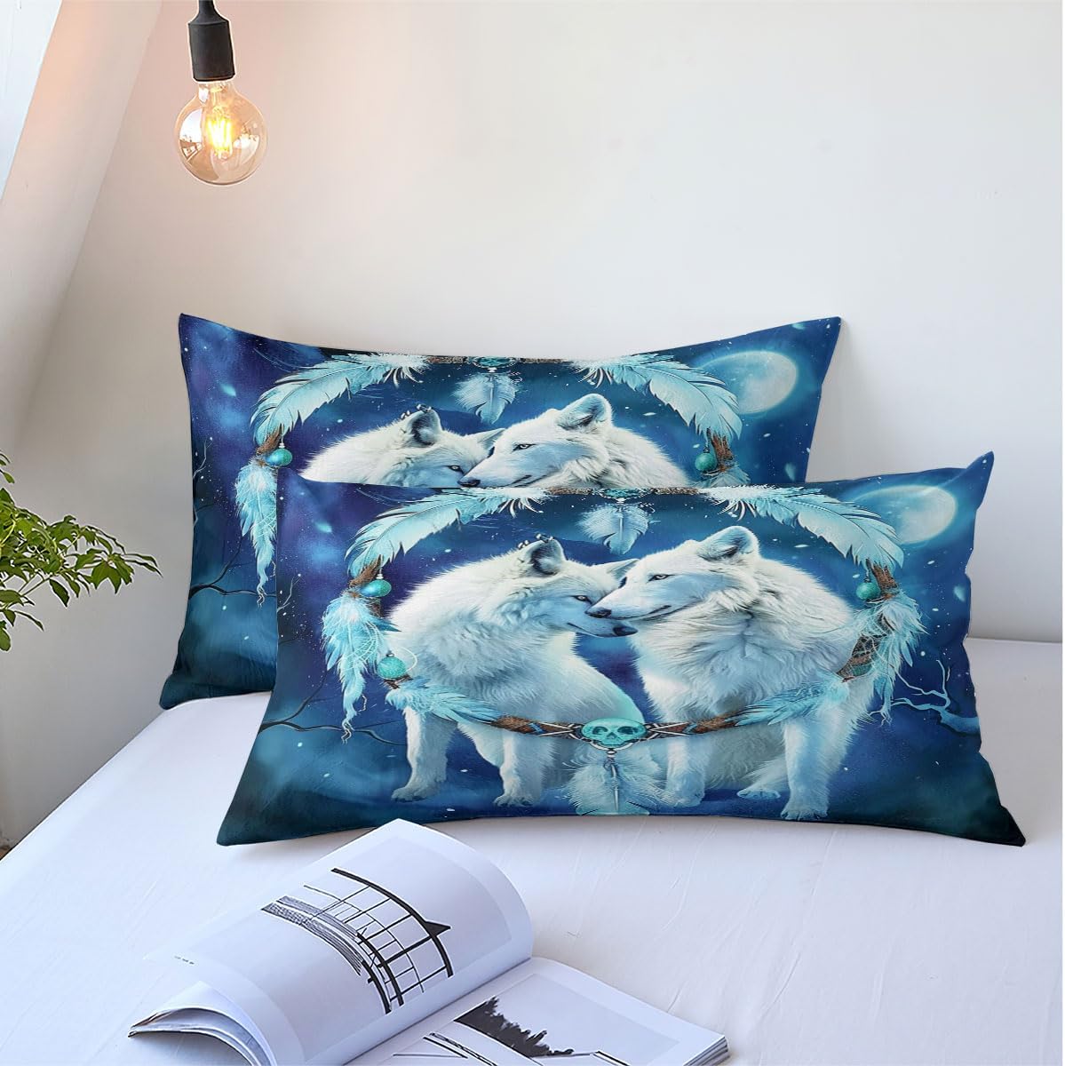 Full Comforter Wolf Wildlife Bedding Set Boho Dreamcatcher Down Comforter for Girls Boys Kids Adults Blue White Galaxy Bedding Sets Wild Animal Soft Microfiber Bed Set for All Seasons