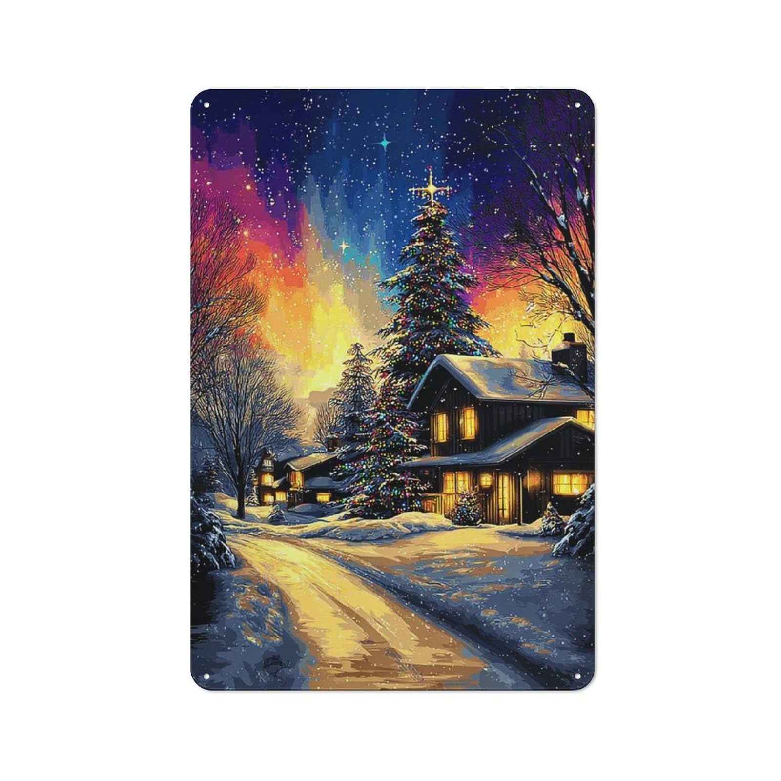 Junmoney Christmas Village With Snowy Pathway Tin Wall Plaque 30X20cm With For Kitchen Or Home Bar, Suited To Kitchen Decor Lovers