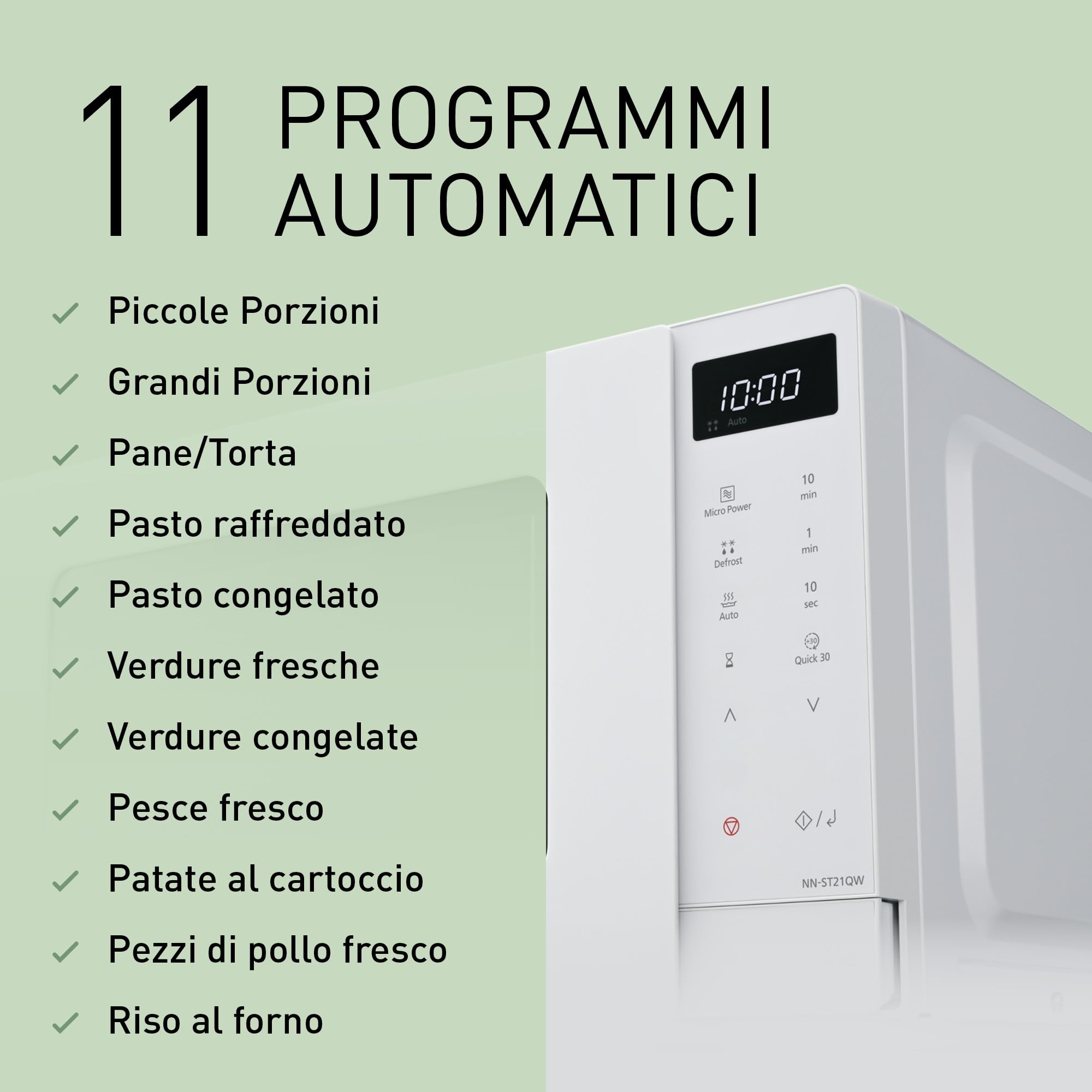 Panasonic NN-ST21QWEPG Solo Forno a Microonde 20L con Piatto in Vetro, 800W, Scongelamento Automatico, 11 Programmi Automatici, Display LED, 5 Impostazioni di Potenza, Timer Digitale, Bianco