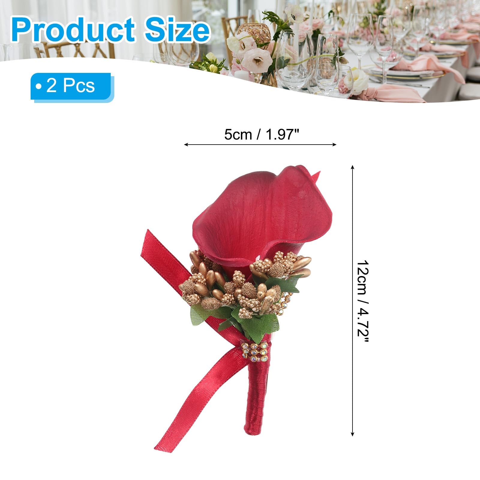PATIKIL Calla Lily Boutonnieres for Men 2 Pack Handmade Groom Groomsmen Boutonnieres Corsages with Pins for Wedding Ceremony Anniversary Party Prom Purple-Red - Image 2
