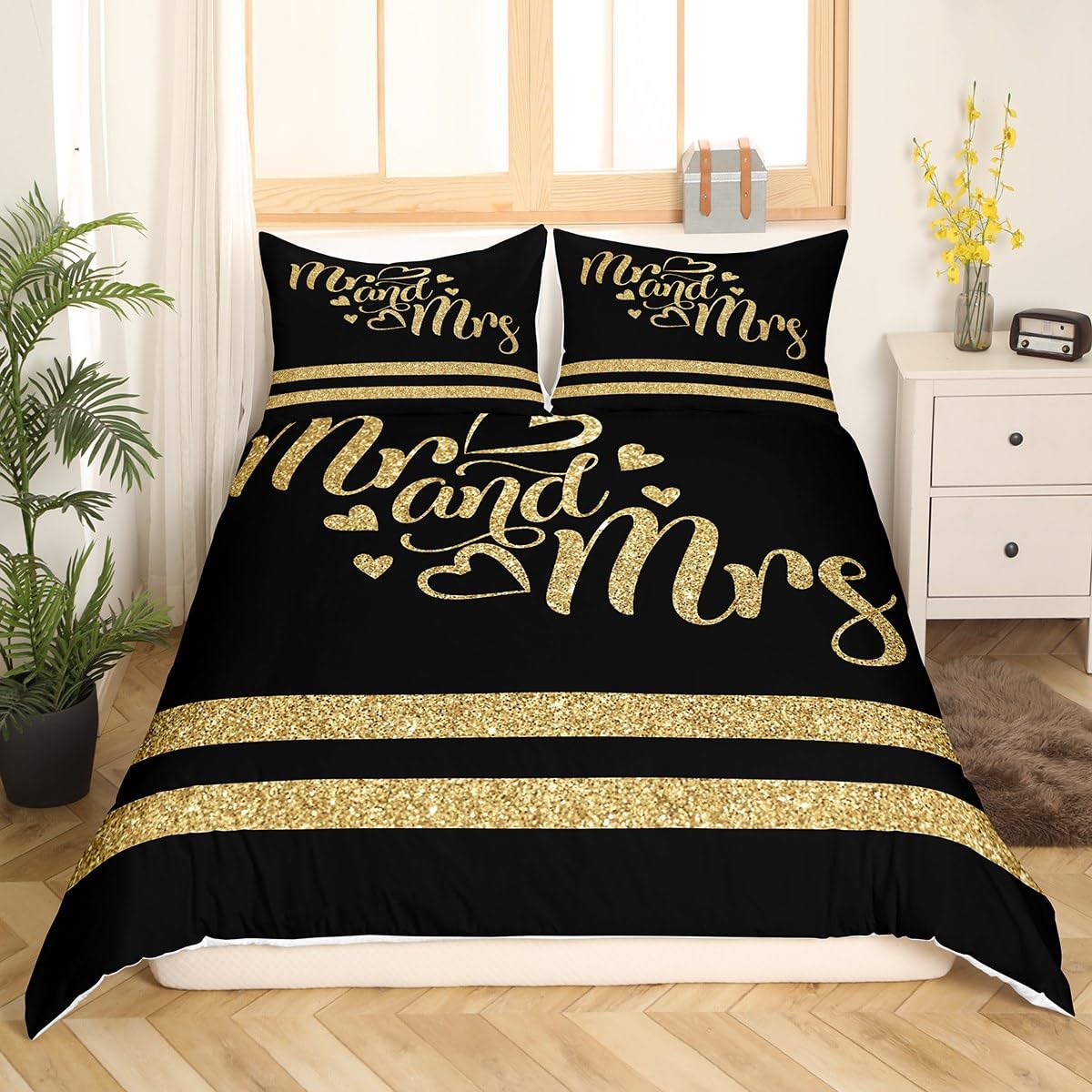 Manfei Mr and Mrs Duvet Cover Set Double Size, Gold Glitter Comforter Cover with 2 Pillowcases - Image 3