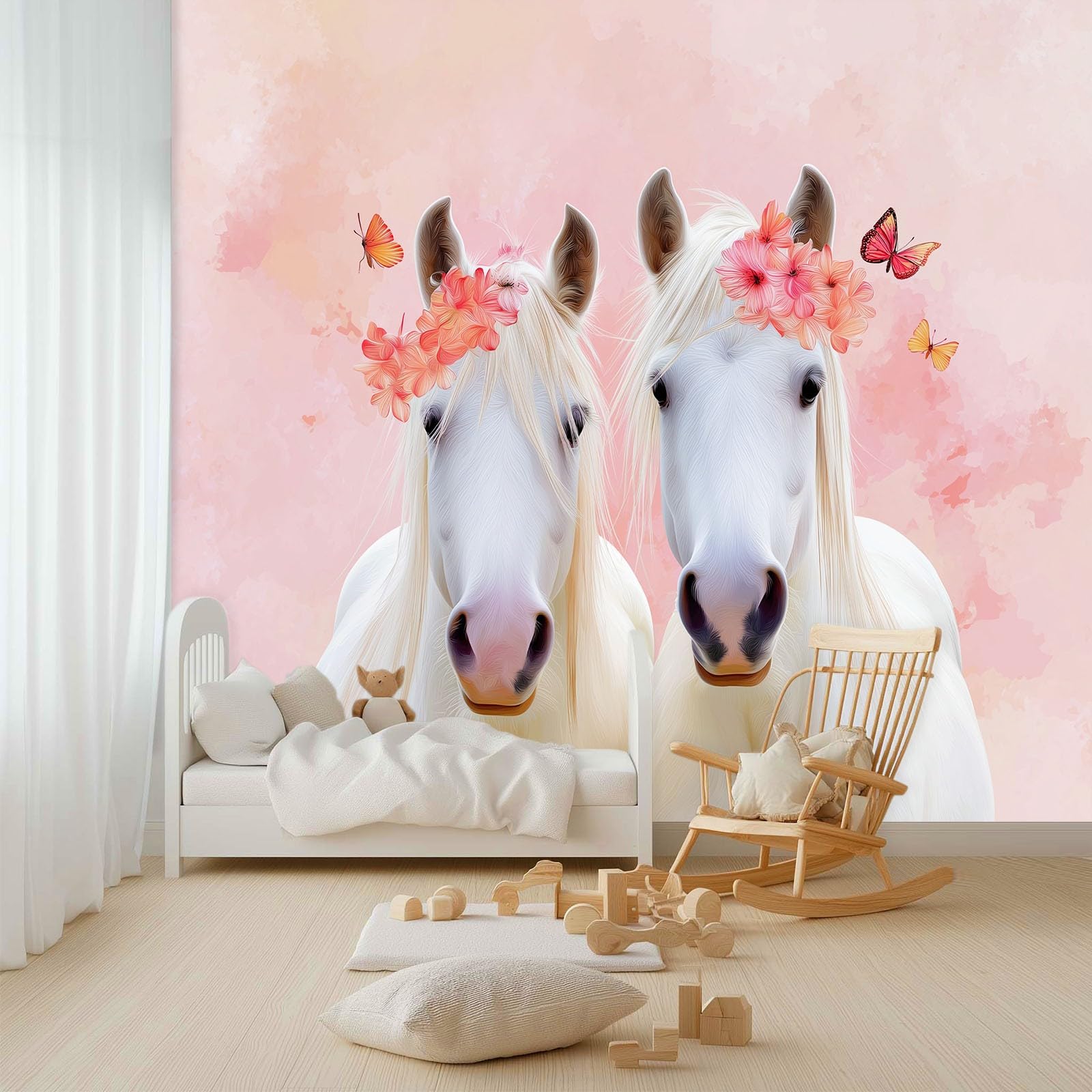 Artystyczna fototapeta 3D zwierzę biały koń różowe kwiaty włóknina mural, marzycielskie zwierzęta salon sypialnia tapeta dekoracja - 250 x 175 cm fototapeta - salon sofa tło telewizora