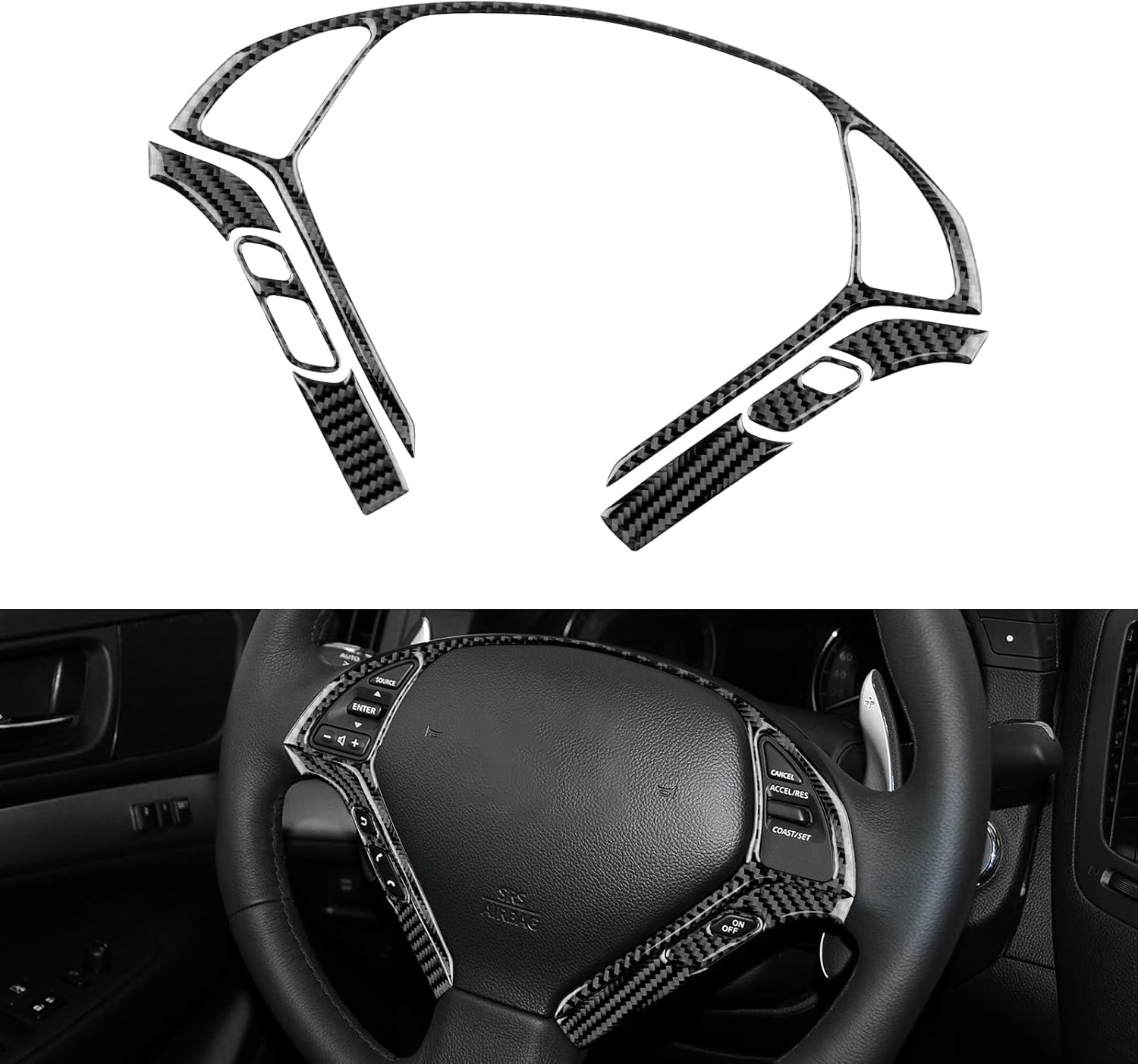 Car Steering Wheel Real Carbon Fiber Button Frame Cover Trim Compatible for Infiniti G Series G35 2007-2008 for G37 2008-2013 for G25 2010-2013 Protect Pannel Decor Car Accessories, Black