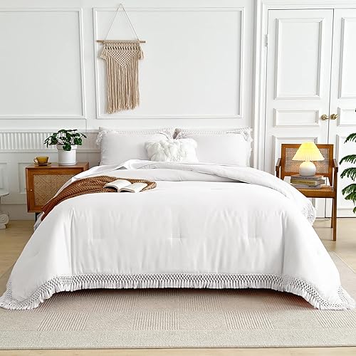 Miniatura 3 de Juego de edredón con borlas blancas, tamaño Queen de 90 x 90 pulgadas, 3 piezas con flecos rosados, juego de ropa de cama bohemio de microfibra