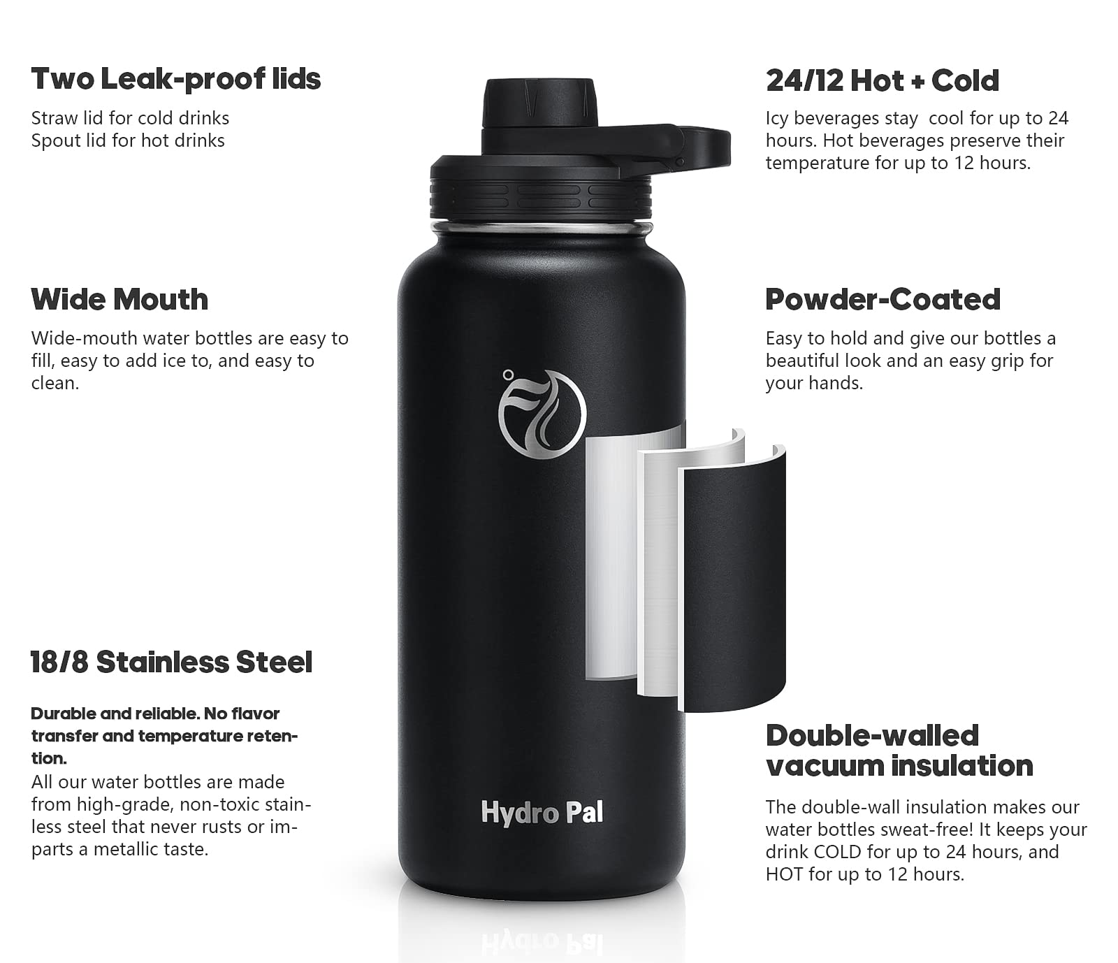 HydroPal Vacuum Insulated Stainless Steel Water Bottle, 1.9L/1.2L/1L/750ml/500ml- 2 Lids (Straw Lid and Spout Lid), 2 Straws Water Bottle for 12 Hours Hot & 24 Hours Cold, Great for Work, Travel — view 2