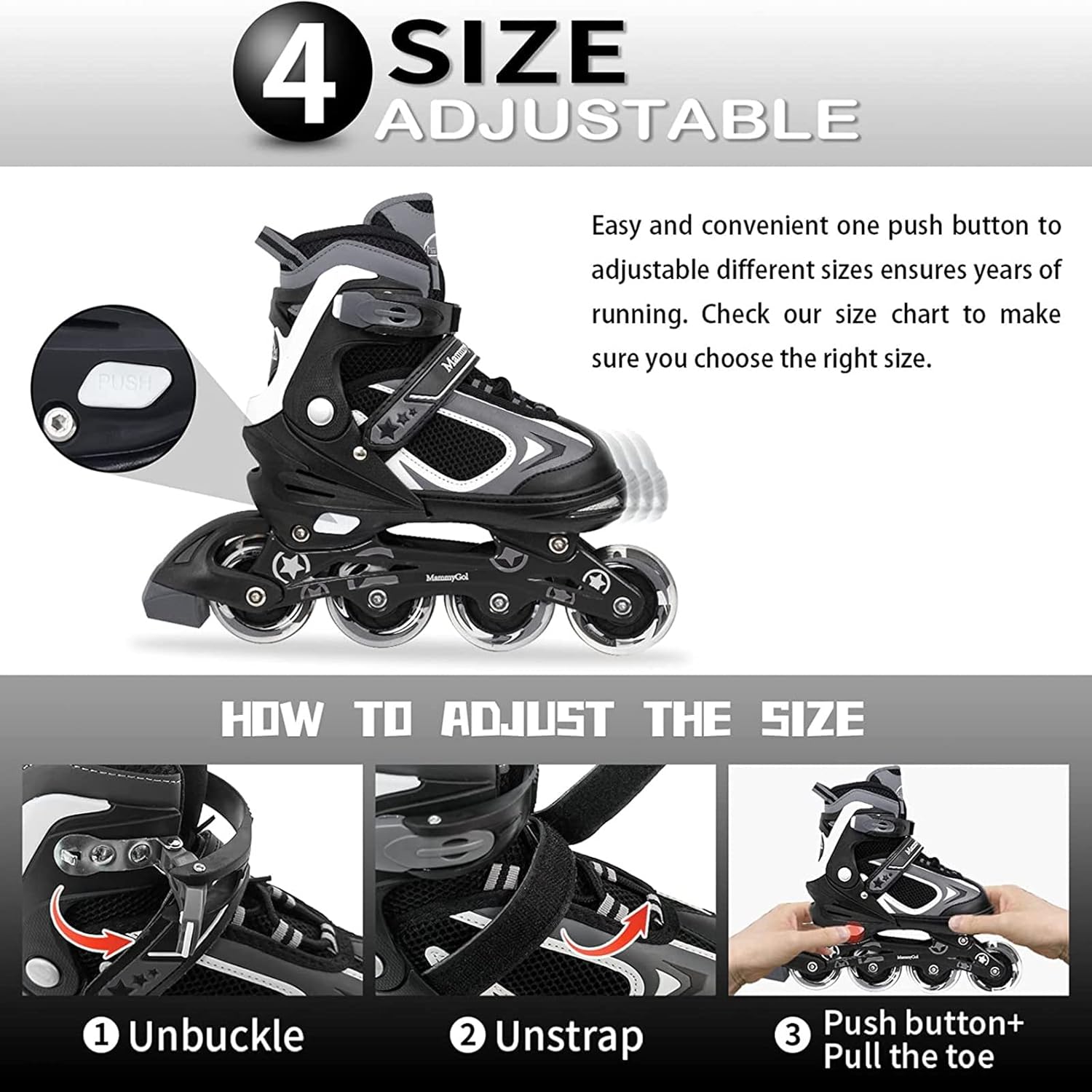 MammyGol Adjustable Inline Skates for Kids Boys Girls Youth Blades Roller Skates with Light up Wheels Ages 4-16