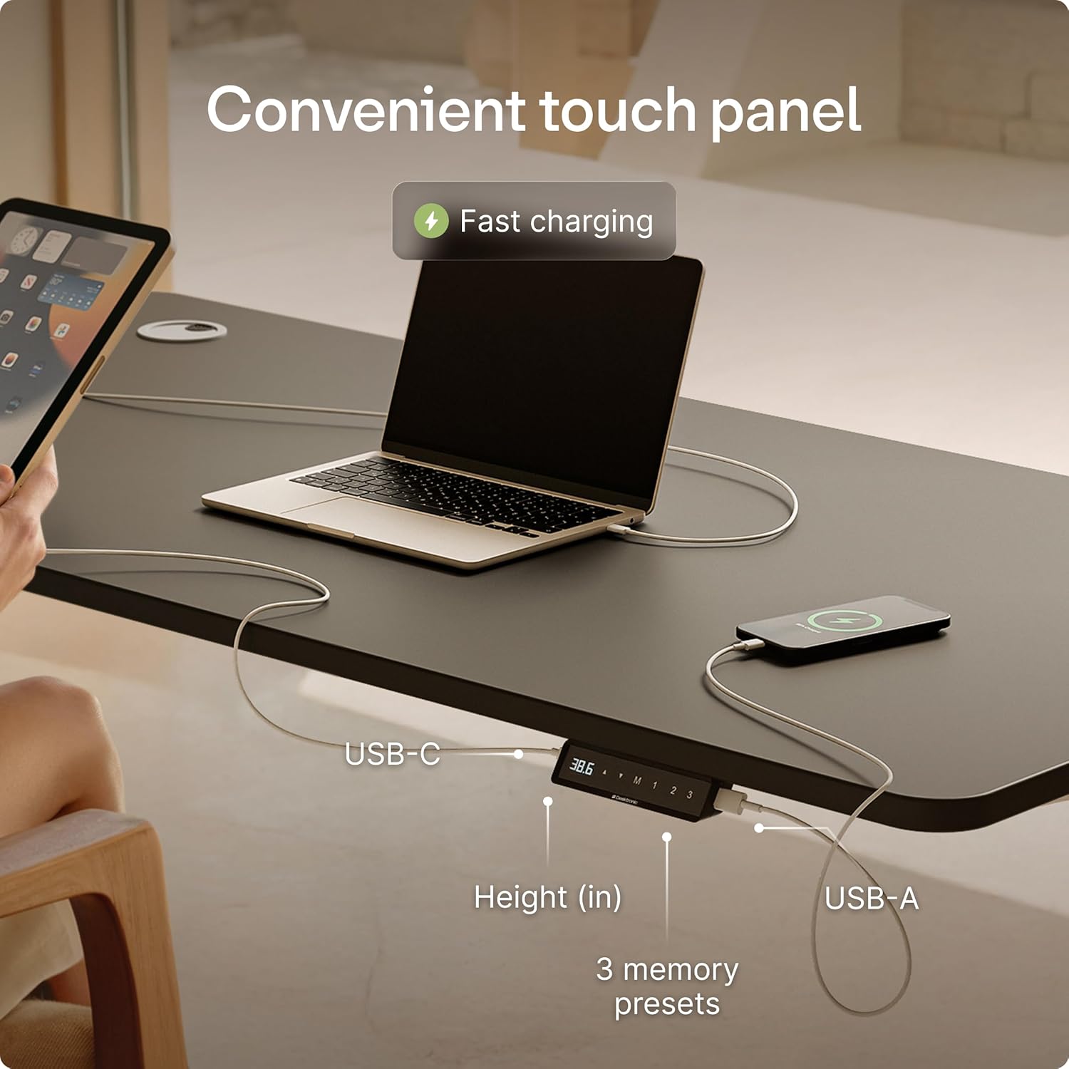 Desktronic HomePro Standing Desk 54x28 — Made in Europe, Ergonomic Sit Stand Home Office Desk, Electric Height Adjustable, Dual Motor, USB & USB-C Charging, Wobble-Free, Touchscreen, 3 Memory Presets