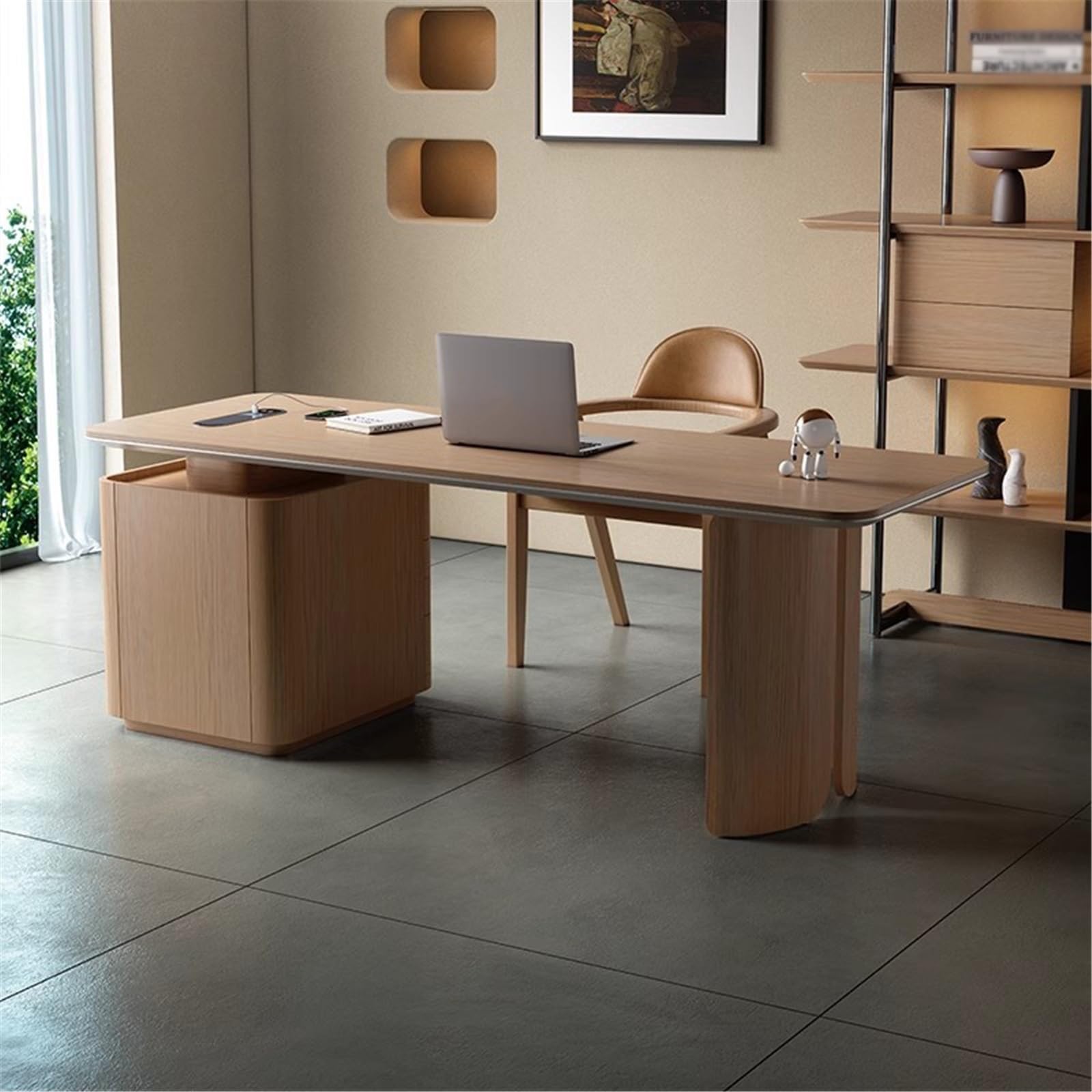 Escritorio de Oficina Escritorio de Oficina con 3 cajones, Mesa Estudio Madera, estación Trabajo Tomas Carga, Roble Natural Mesa para Juegos de portátil(S)