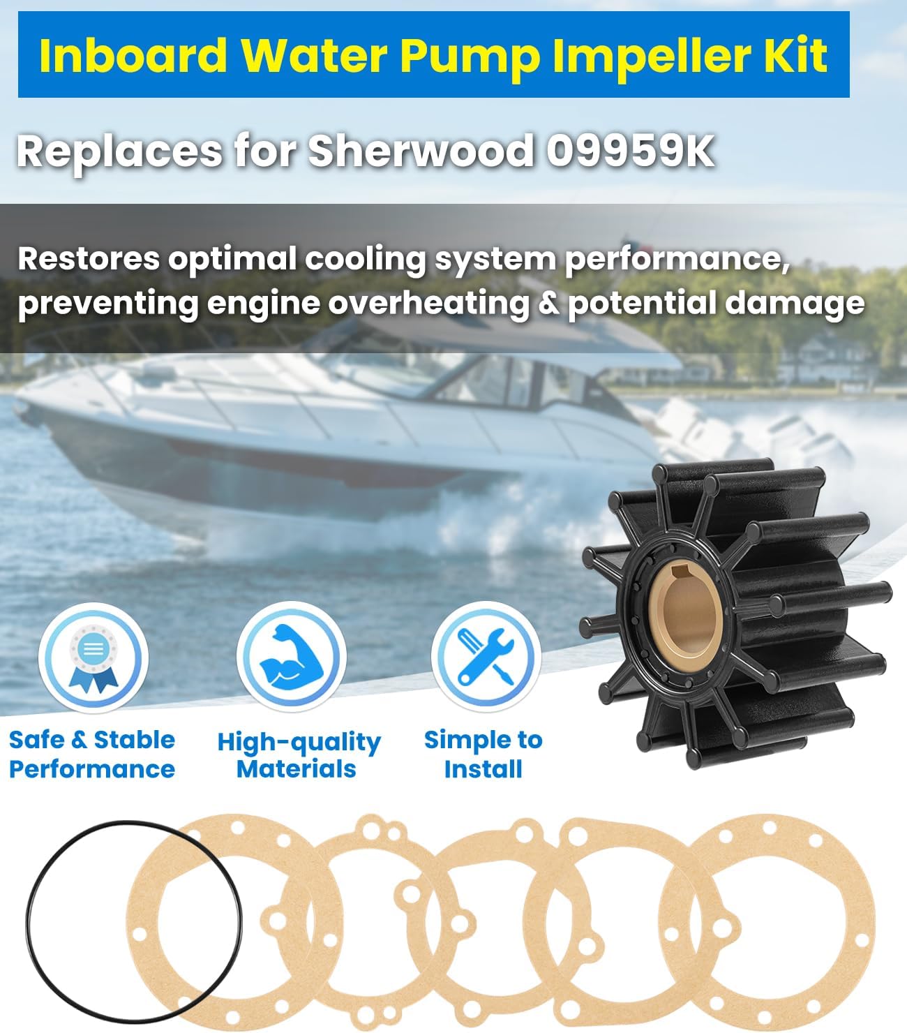 09959K Water Pump Impeller Kit for Sherwood 09959K & 11148, Jabsco 18838-0001, Johnson 09-701B-1, Volvo Penta 835512-5 3854286, 12-Blade Marine Inboard Engine Impeller Replacement Kit