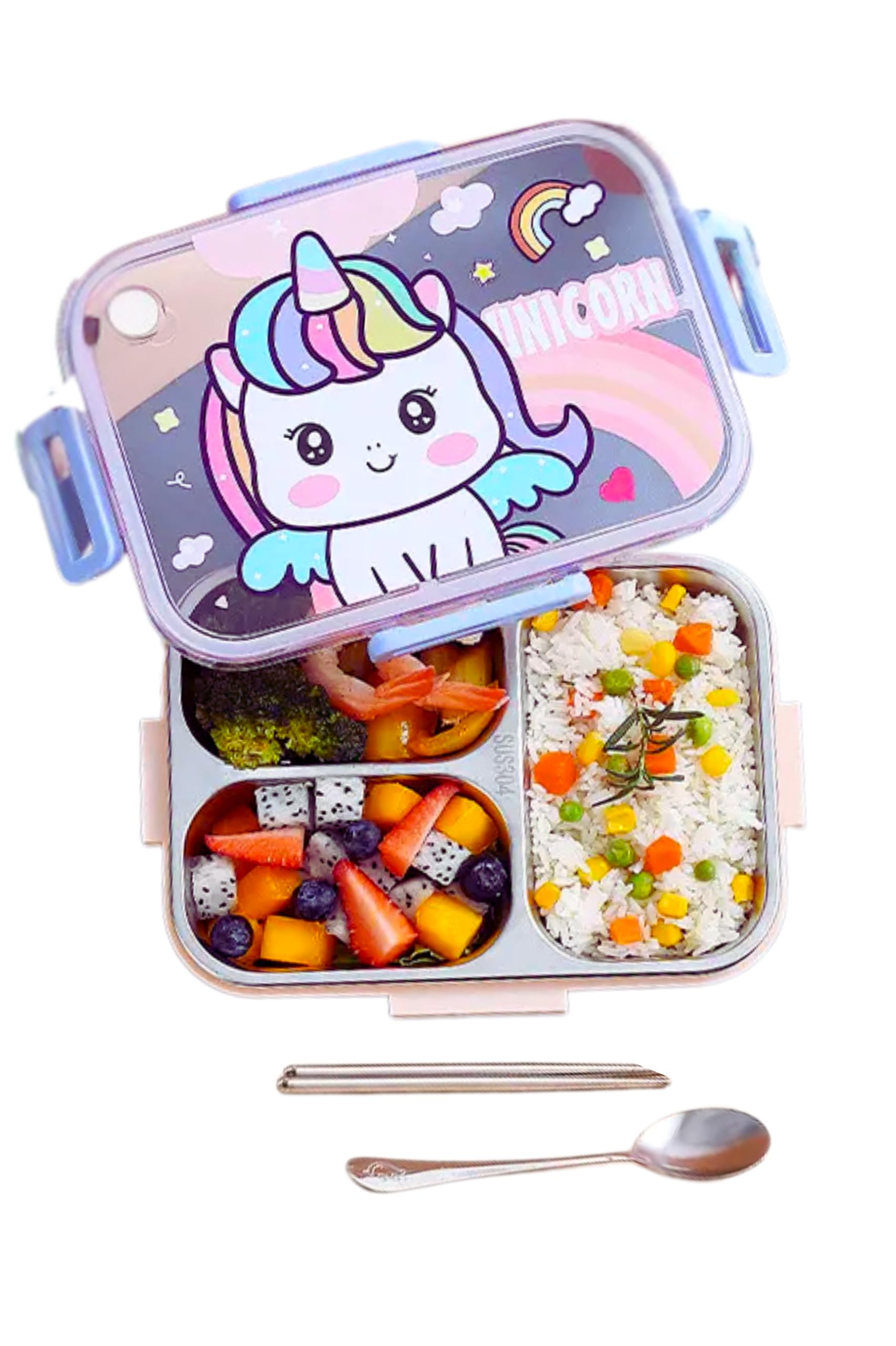 Stainless steel Bento Box for kids with 3 Compartments, Leak Resistance, Durable, BPA-FREE, Eco friendly, Dishwasher Safe, Holds a Variety of Foods, Ideal for school, AGES 3+ (Unicorn Pink)