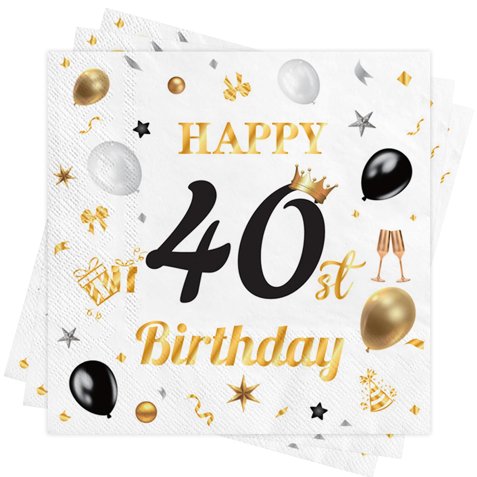 Wentsent White Gold 40th Birthday Paper Napkins, 40Pcs Happy 40th Birthday Party Paper Napkin Disposable,40th Birthday Serviettes Table Decoration for Men Women Her He 33x33cm