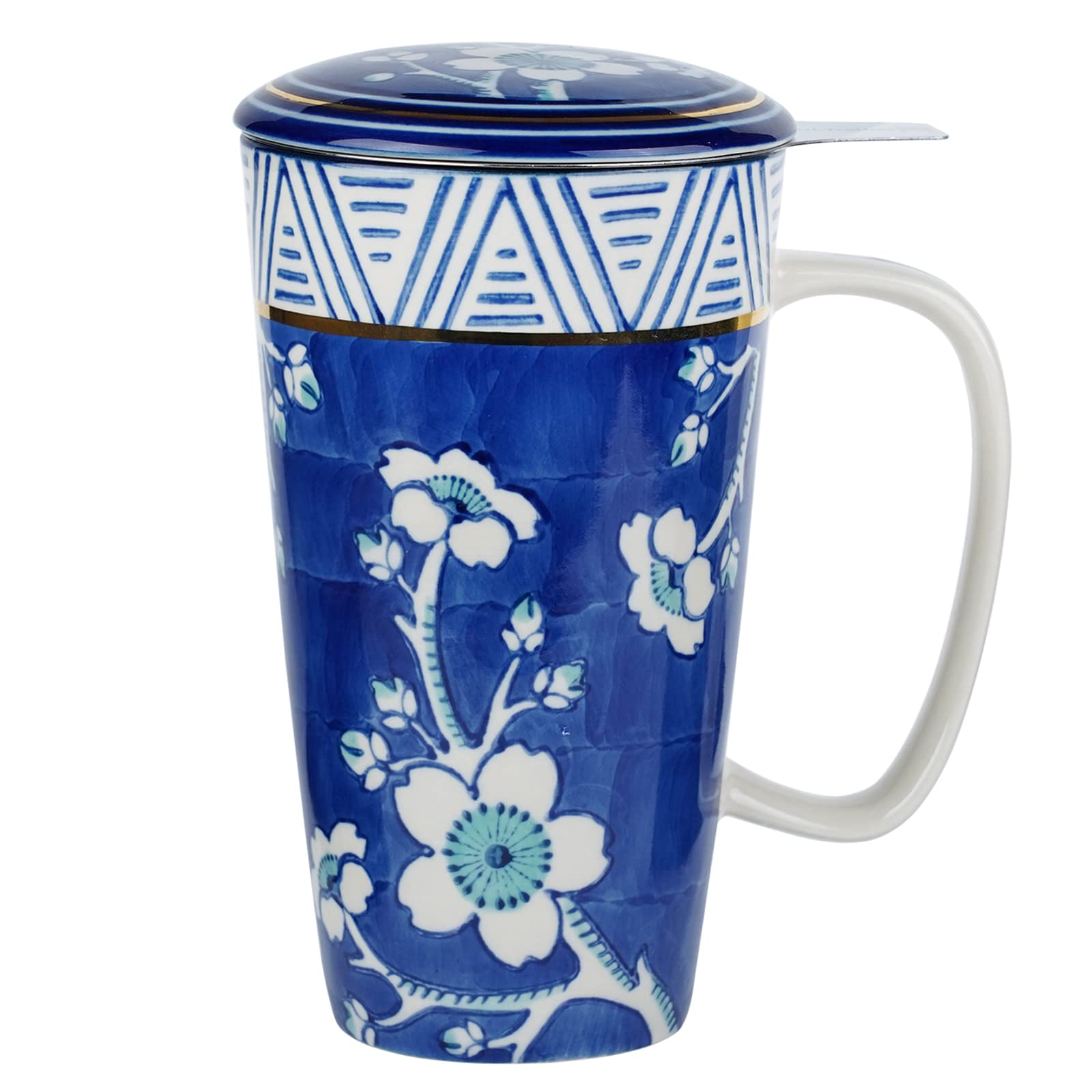 Taimei Teatime Ceramic Tea Cup with Infuser and Lid, 17 oz Tea Infuser Mug for Steeping Loose Leaf Tea with Handpainted Floral Pattern, Tea Mug with Infuser Basket, Women Office Home Gift