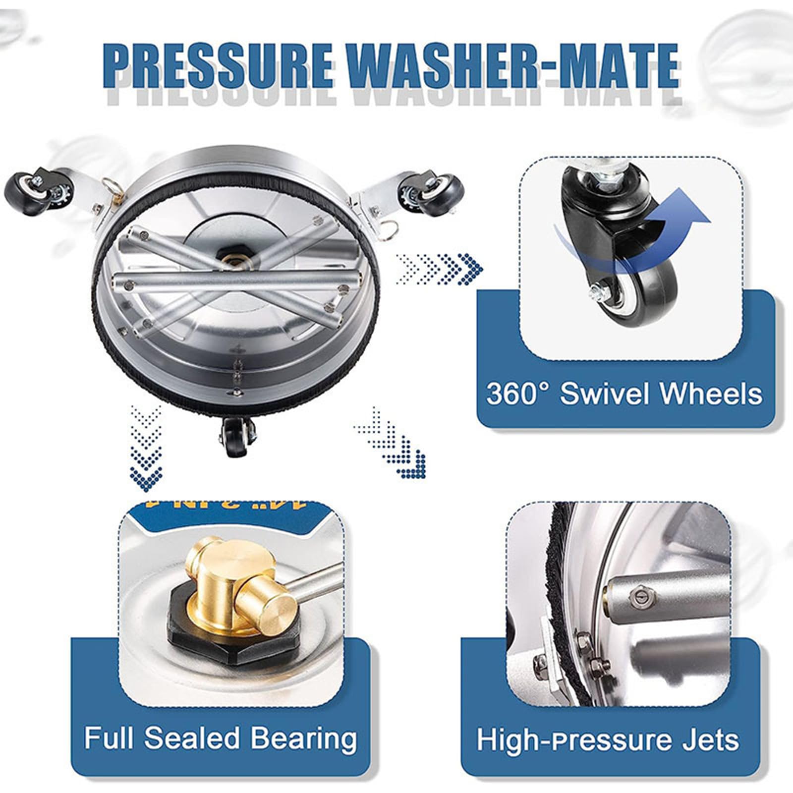 Limpiador profesional de superficies para limpiadoras a presión 4000 PSI 16 pulgadas móvil adoquines limpieza máquina de acero inoxidable limpiador de alta presión accesorios con varilla de extensión
