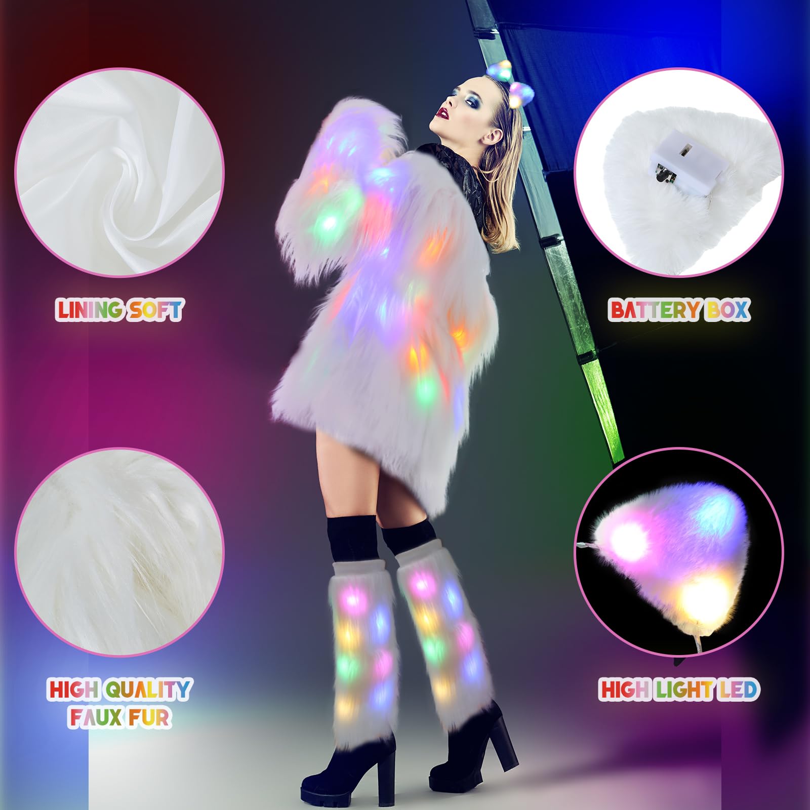 Mepase 3 Pcs LED Furry Rave Costume Set Includes LED Fur Coat Fur Leg Warmers Light up Cat Ears Kitty Headband with Multicolor Lights for Halloween Christmas Cosplay Party, Large
