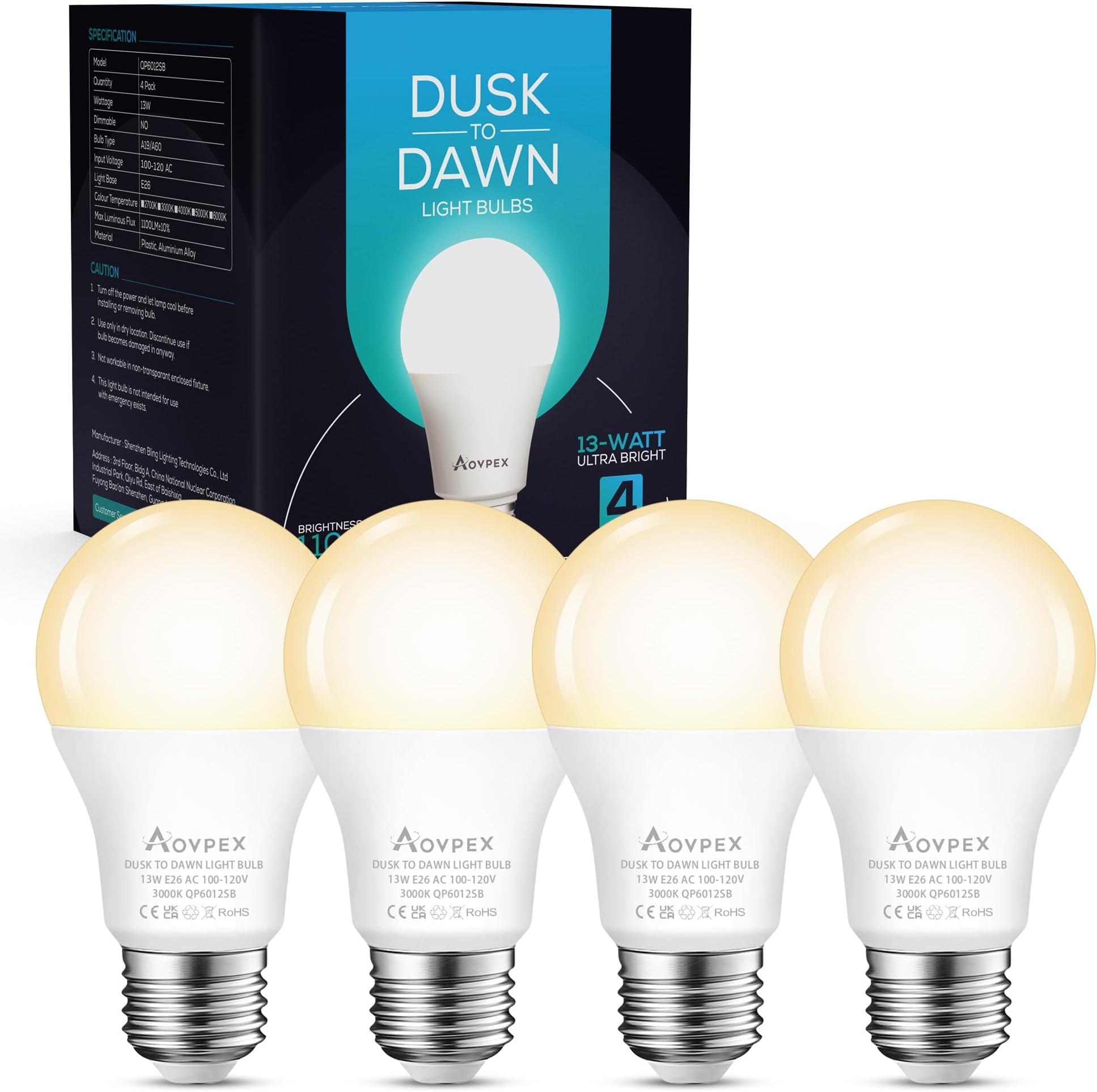 Dusk to Dawn LED Outdoor Light Bulbs, 13W 1100LM(100W Equivalent), A19 Sensor LED Bulb, E26 3000K Soft White Day Night Bulbs, Auto ON/Off, Sensor Lighting for Porch Garage Front Door, 4 Pack