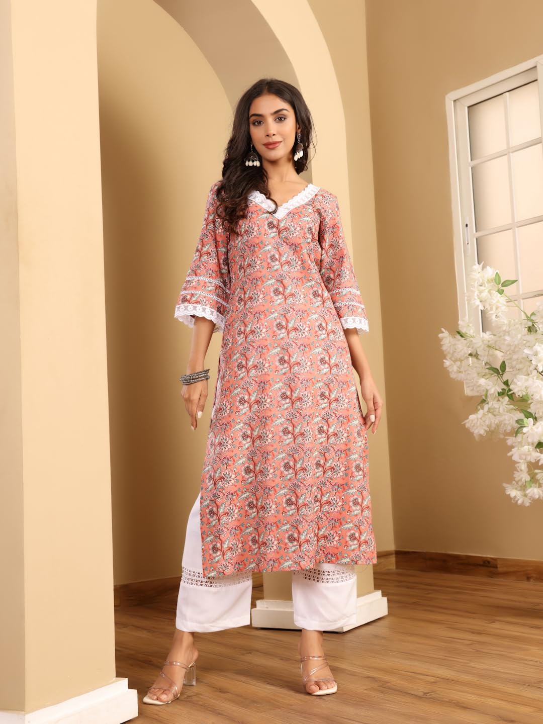 Varanga Women Ethnic Floral Printed Flared Sleeve Kurta Orange