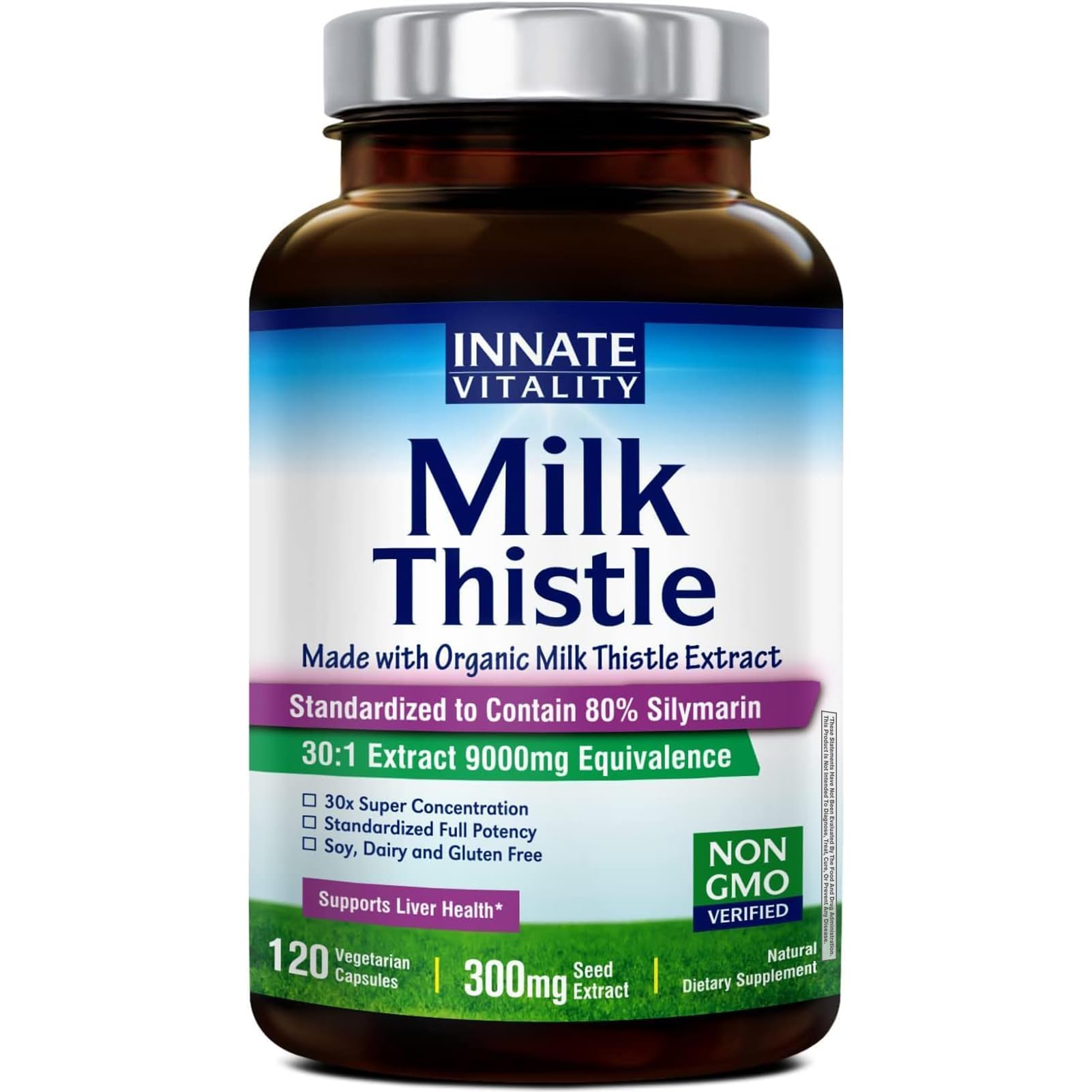 Innate Vitality 30:1 Organic Milk Thistle Supplement, 9000mg Equivalent (300mg Extract), 80% Silymarin Flavonoids, Liver Health, Detox & Cleansing, Made in USA, Non-GMO, 120 Veggie Capsules