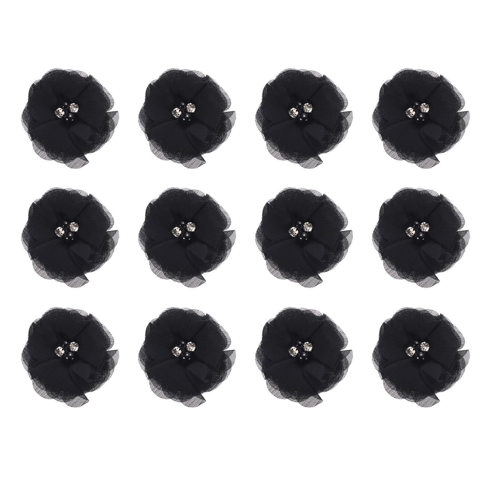 sourcing map Artificial Rhinestone Chiffon Flower Heads, Black Faux Flowers 2 Inch for DIY Craft Wedding and Party Decoration Pack of 12