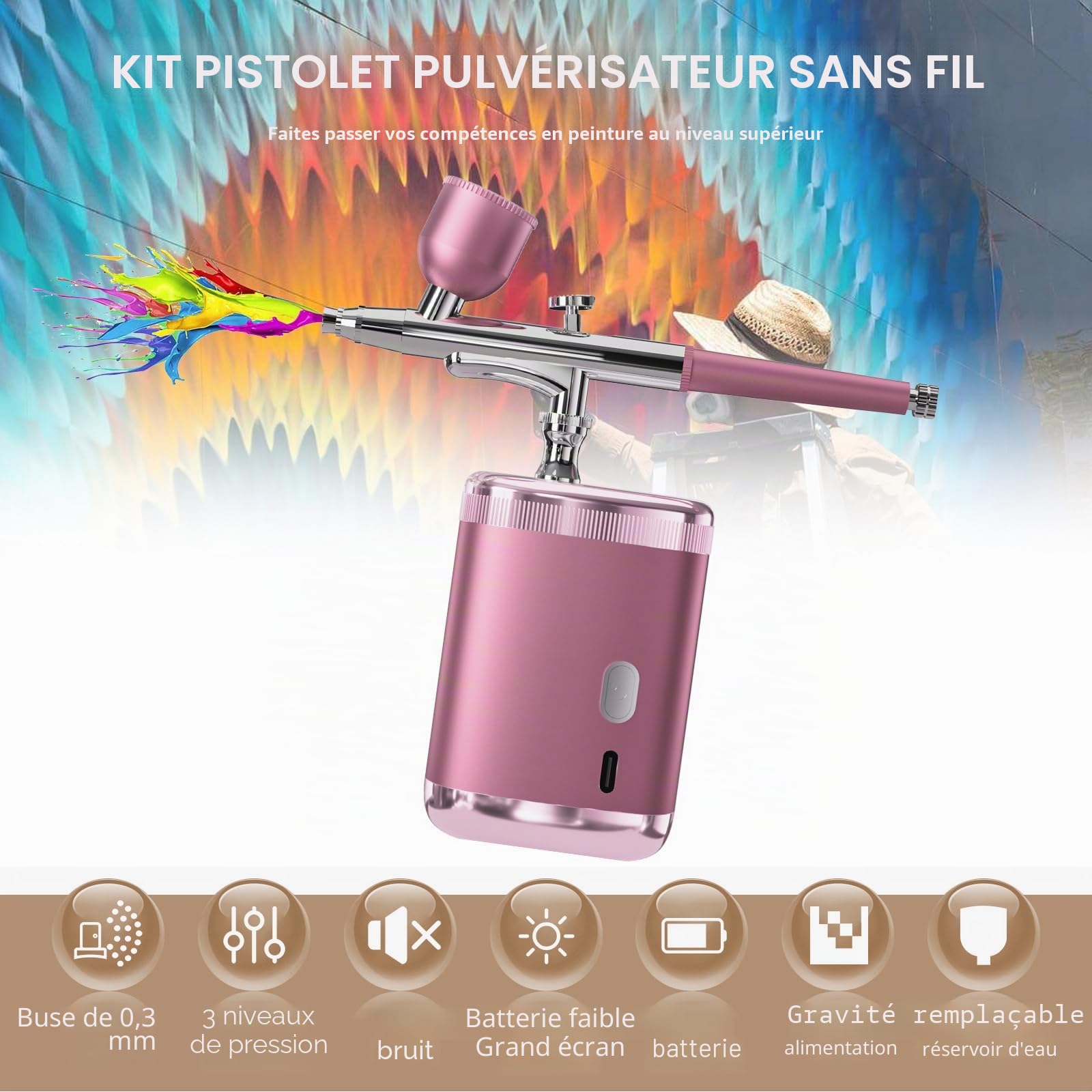 Kit Aérographe Sans Fil Rose - Pistolet à Peinture Portable，Aérographe électrique rechargeable avec buse 0,3/0,5mm, 3 pressions ajustables pour nail art, modelisme, décoration gâteaux & projet