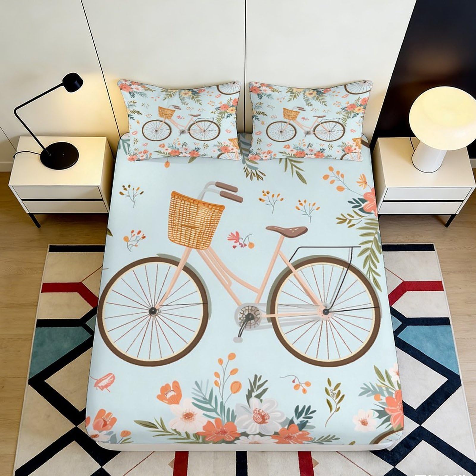 3D Printed Pastel Bicycle Fitted Sheet Microfiber Soft Floral Mattress Cover for Bedroom Dorm Apartment Decor 90x200x25cm