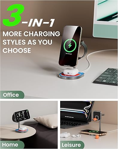 Miniatura 2 de KU XIU X85 - Estación de carga 3 en 1 de 3 puntos para Apple, cargador inalámbrico magnético de aleación de aluminio con mini baloncesto y aro para