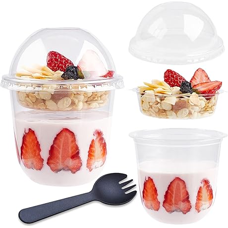 12oz Crystal Clear Disposable Yogurt Parfait Cups with Lids, Sporks