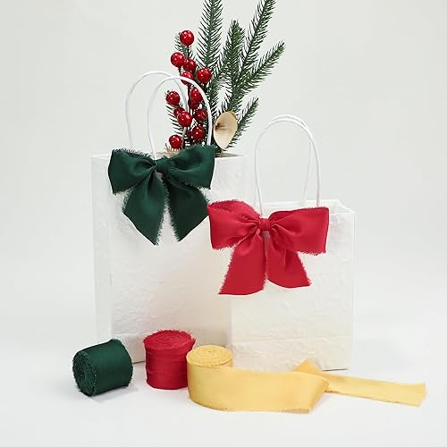 Vista 7 de Christmas Tree Ribbon for Gift Wrapping, Silk Satin Chiffon Frayed Fabric Holiday Ribbons for Crafts Wedding Invitation Decor Baby Shower 1-1/2 inch