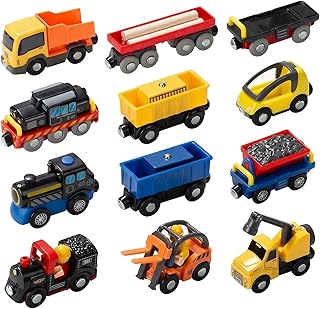Giant bean 12Pcs Vehicles Battery Operated Train Car Set, Magnetic Mini Construction Set for Wooden Train Track, Bulk Car Toys for Toddlers Boys Girls Kids 3 4 5, Fits for Most Brands