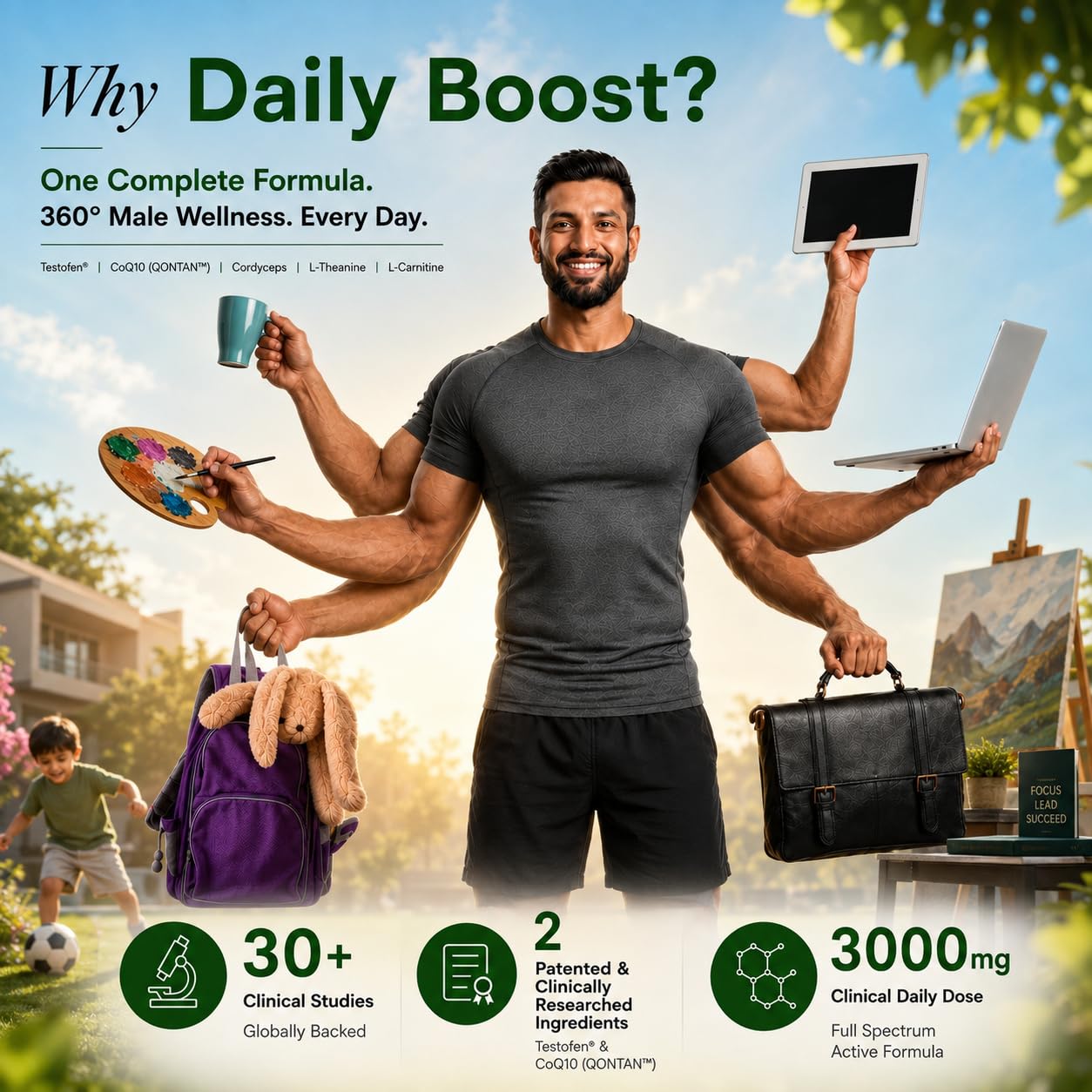 Daily Boost™ in you | 360° Men's Wellness Nutrition | Patented Testofen® + CoQ10 (QONTAN™) + Cordyceps + L-Theanine | Supports Testosterone, Fertility, Sperm Health, Energy, Longevity, Stress & Sleep 3