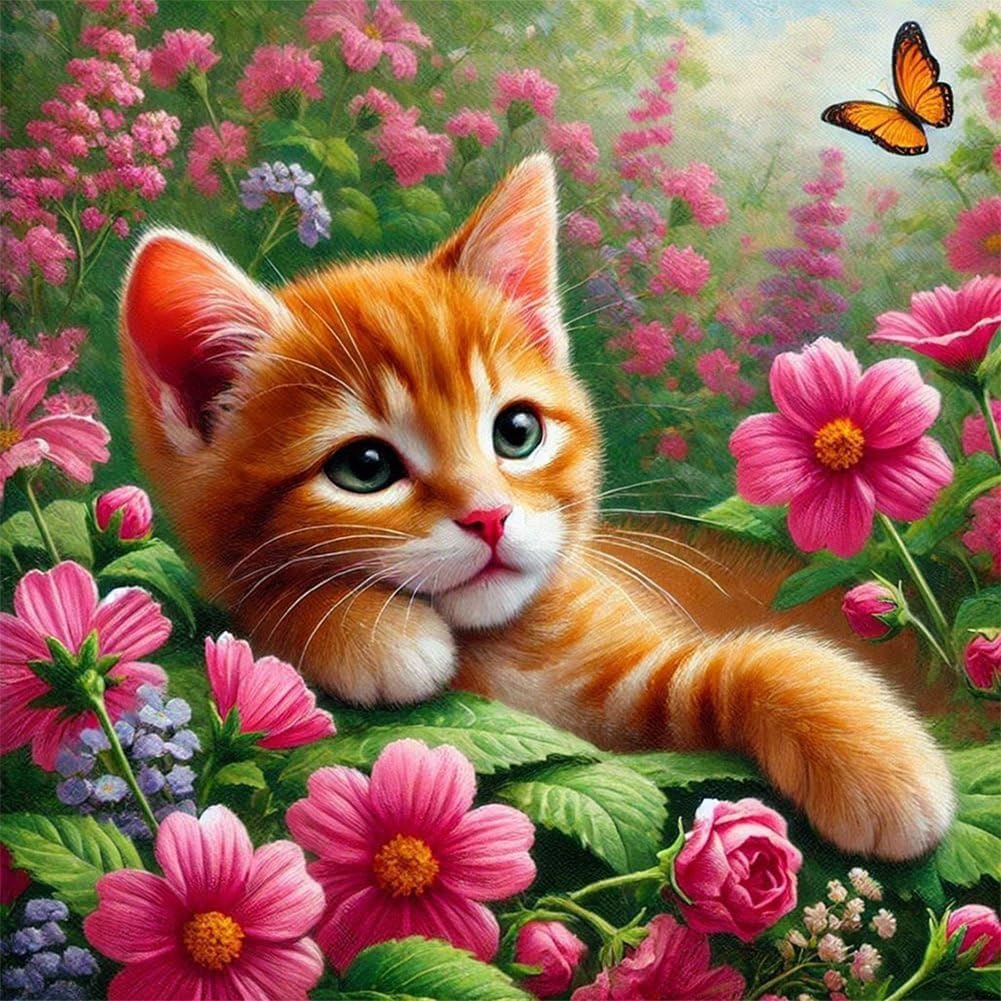 FanZheZhe Stamped Cross Stitch Kits for Adults Tapestry Kits for Adults Cross Stitch Kits Cross Stitch Kitscross Stitch Counted Cross Stitch Kits Orange Cat in The Flower Bushes 11Ct40X50Cm