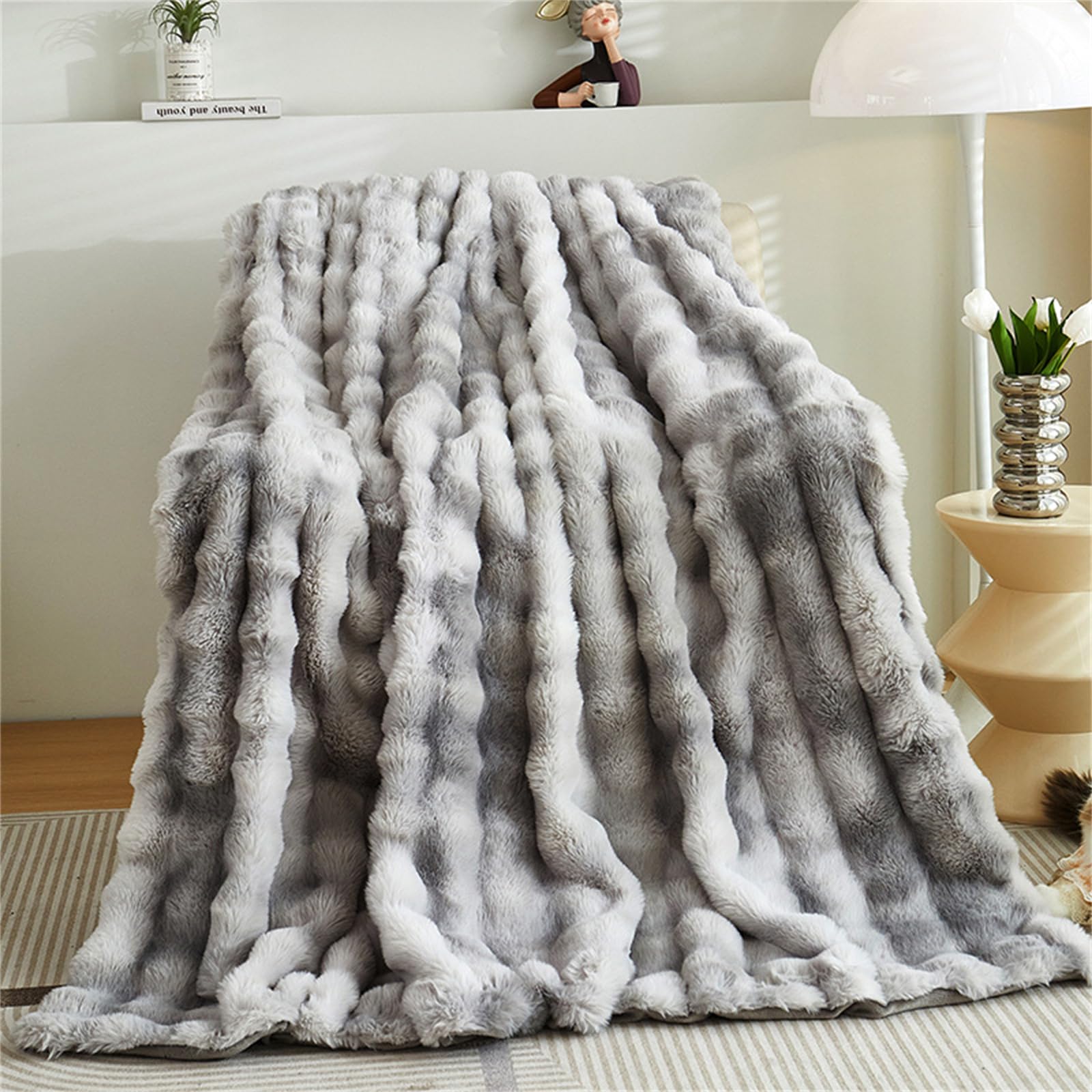 FASCINATDECO Faux Rabbit Fur Throw Blanket, Reversible Fuzzy Warm Cozy Large Fluffy Blanket for Bed Sofa Couch Home Decor, 100x160cm, Tie Dye Grey