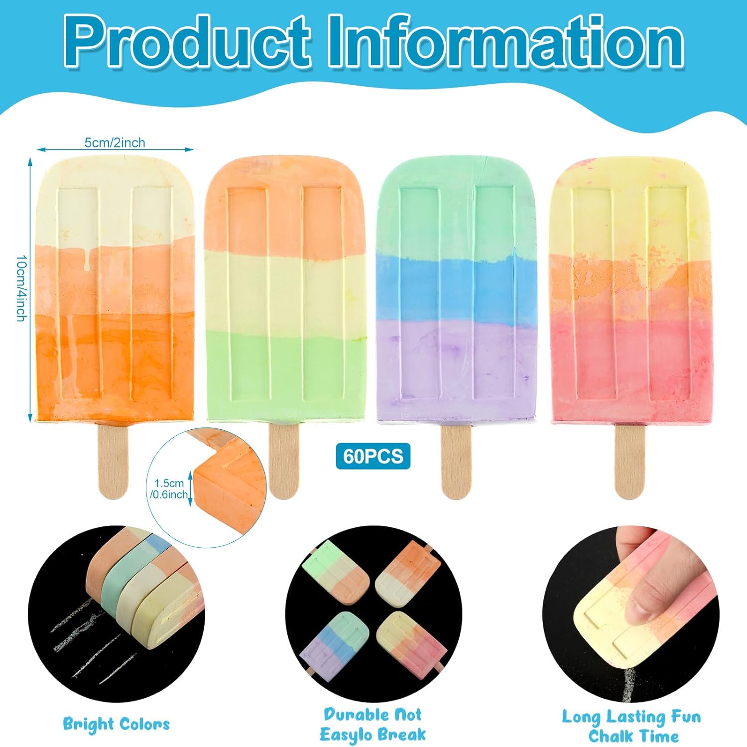 60 Pcs Ice Cream Sidewalk Chalk Set Multicolor Chalk Party Favors Bulk Washable Safe Outdoor Chalks for Kids Adults Fun Summer Playground Outdoor Activities Painting on Chalkboard Blackboard