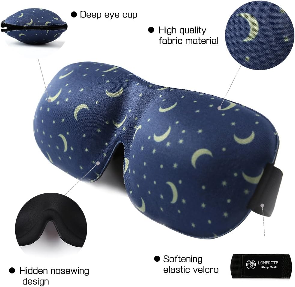 Lonfrote Star Moon Deep Molded Sleep Mask, with Ear Plug and Carry Pouch Lightweight & Comfortable Eye mask, Super Soft Material (Blue)