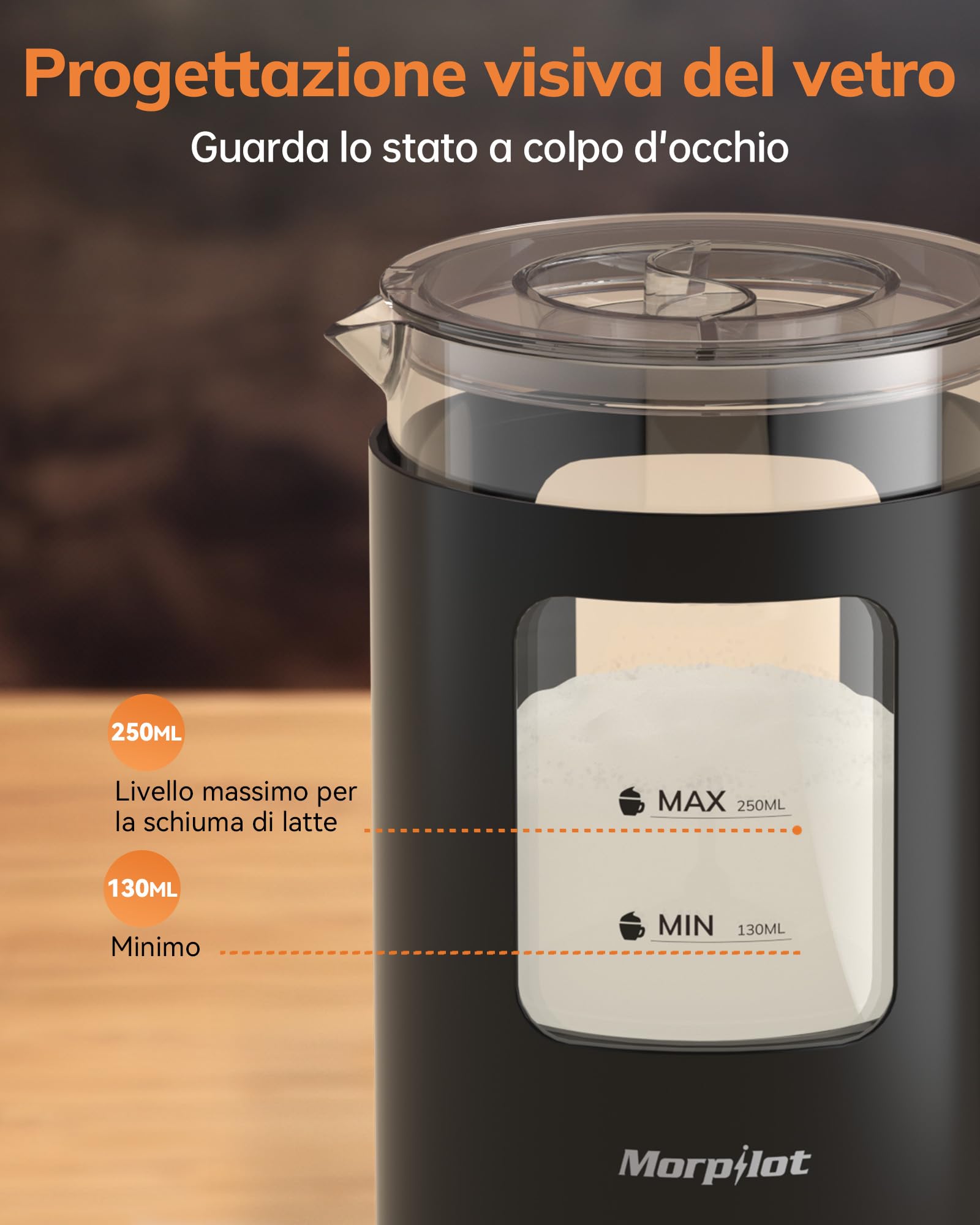 Morpilot Montalatte Elettrico, Montalatte Caldo e Freddo 4 in 1, 550 W 600 ml, Design Latte, Vetro di Visualizzazione, Spegnimento Automatico, Facile da Pulire