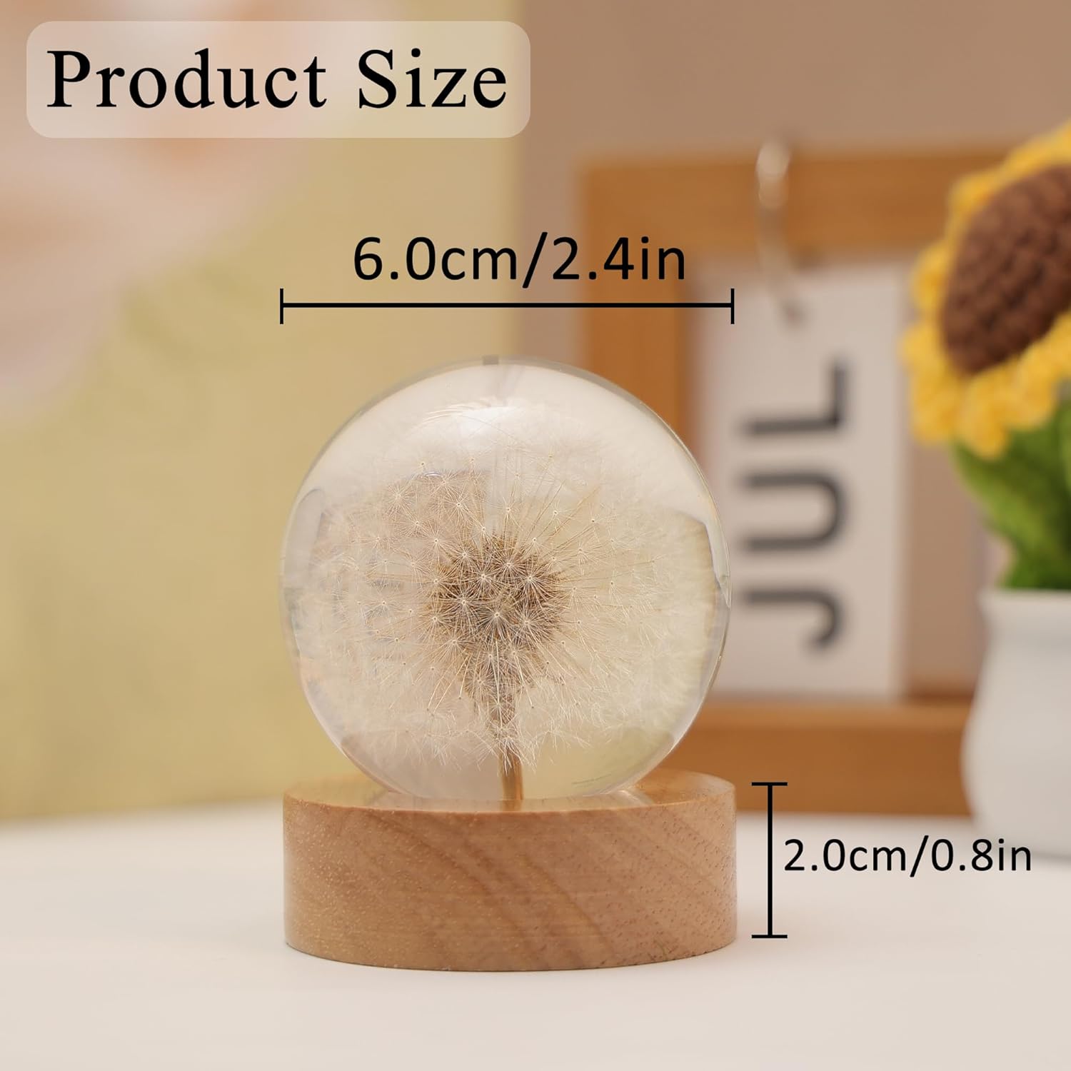 Dandelion Decor Gifts,Dandelion Flowers Lamp Crystal Ball Night Light,2.4 Inch Glass Ball Lamp with LED Wooden Base, Soft Warm White Lighting for Women Best Friends Sister Birthday Xmas Aesthetic Gift